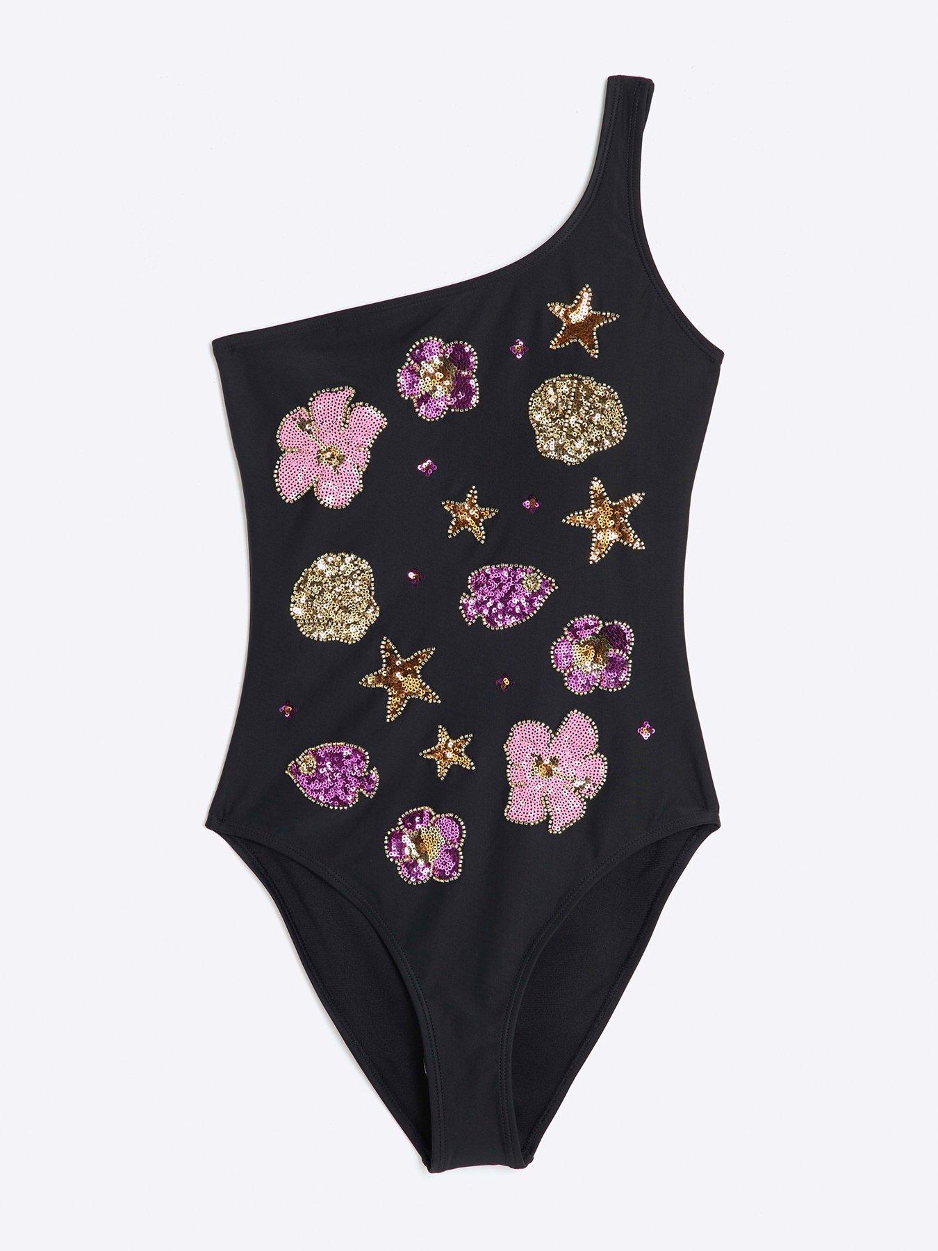 undefined Sequin One Shoulder Swimsuit - Black