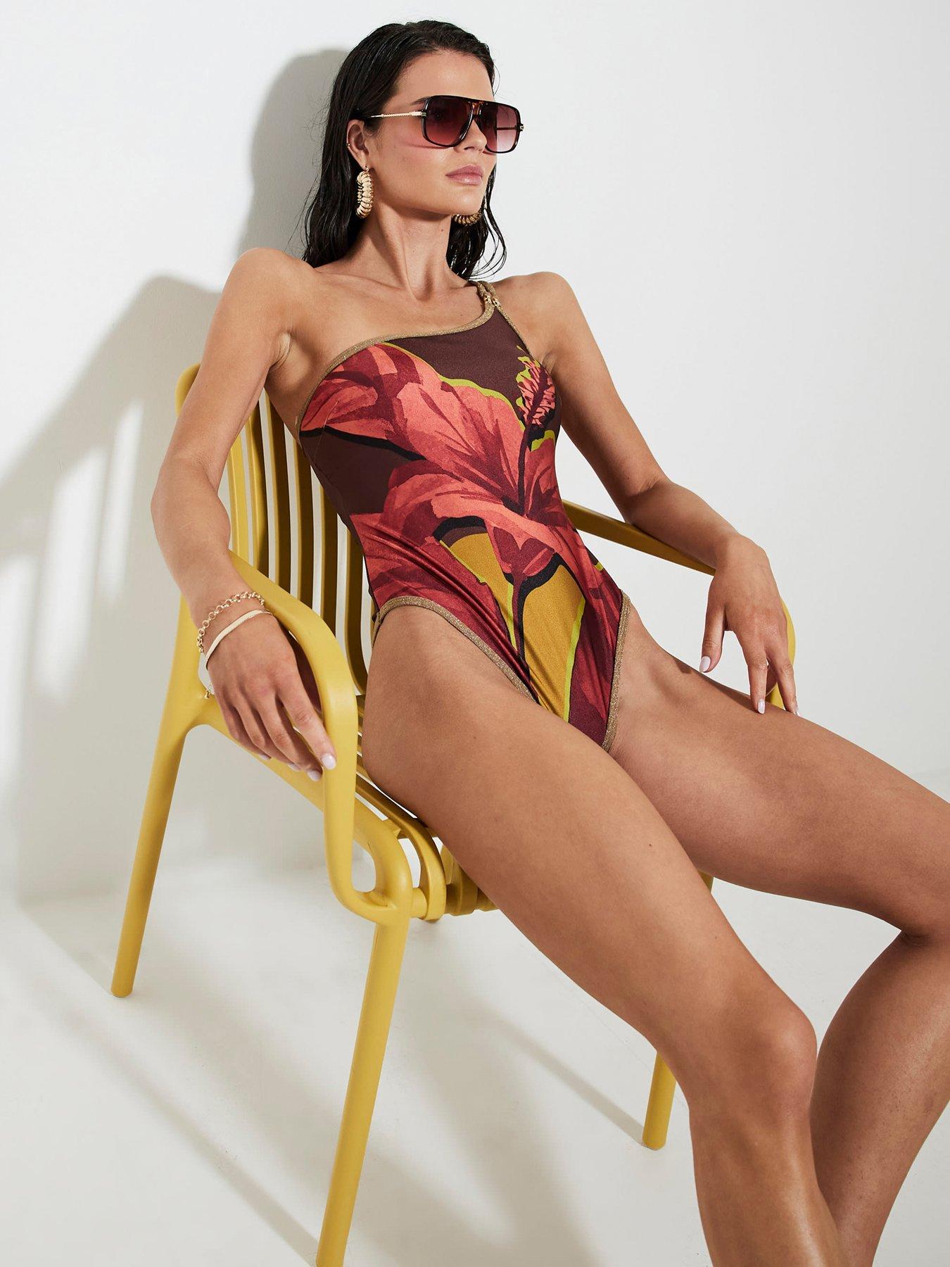undefined One Shoulder Flower Swimsuit - Brown