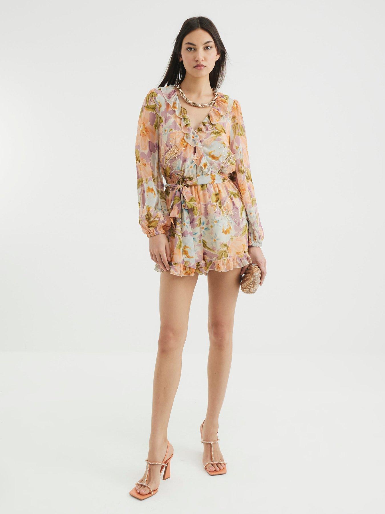 Image 3 of 4 of River Island Embellished Ruffle Playsuit - Orange