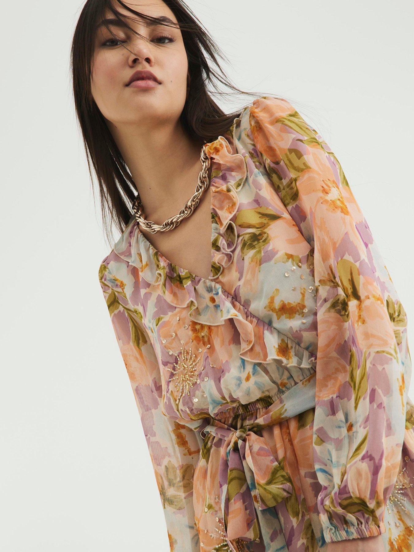 Image 4 of 4 of River Island Embellished Ruffle Playsuit - Orange