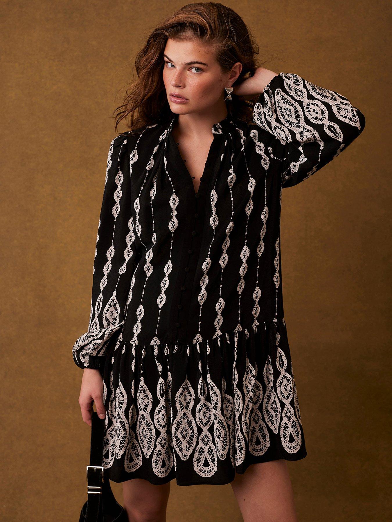 Mint Velvet Crochet Print Mini Dress - Black | Very