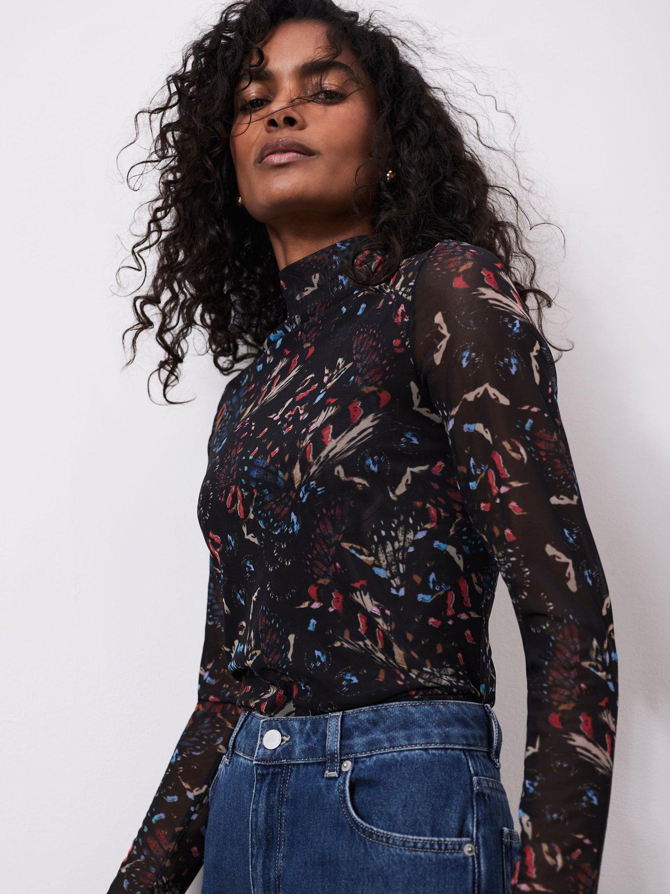 undefined Floral Print Mesh Top - Black