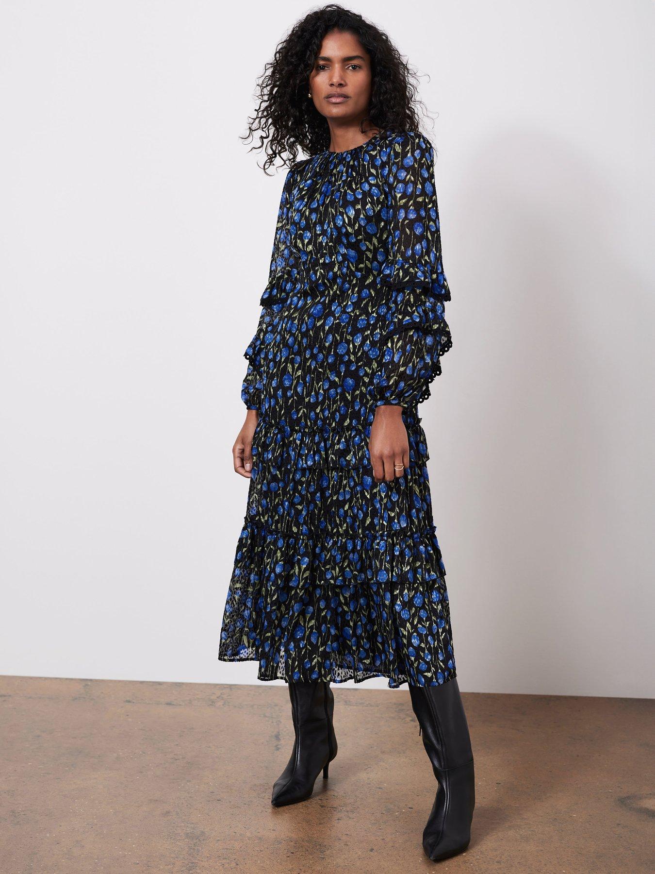 knee length dresses for ladies Navy Leaf Print Shirred Midi Dress – Mint Velvet main image 1