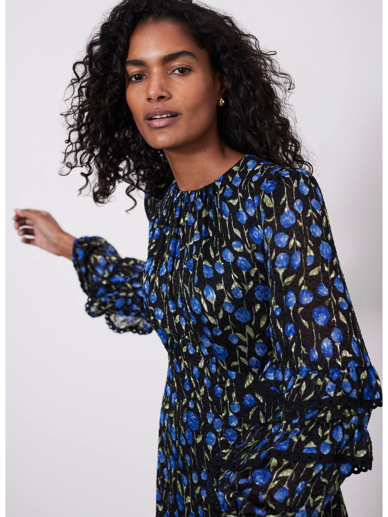 knee length dresses for ladies Blue Floral Print Midi Shirt Dress – Mint Velvet