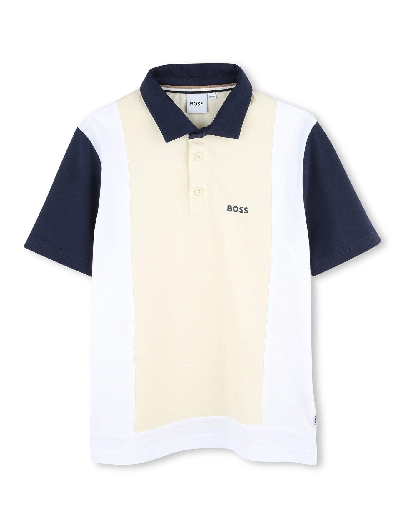 BOSS Boys Colour Block Polo Shirt, Beige, Size 14 Years