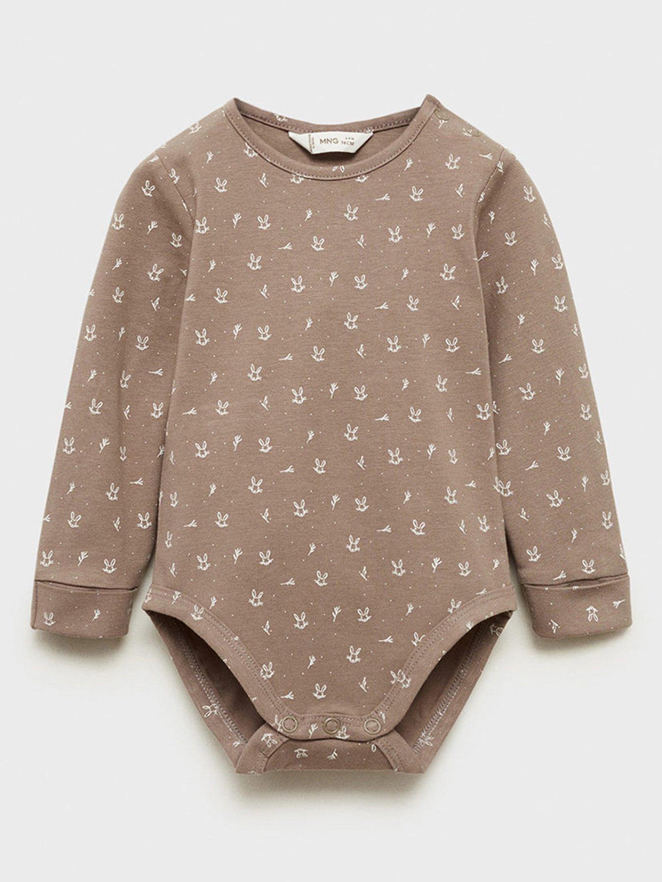 Image 1 of 4 of Mango Baby Girls Rabbit Printed Long Sleeve Bodysuit - Brown