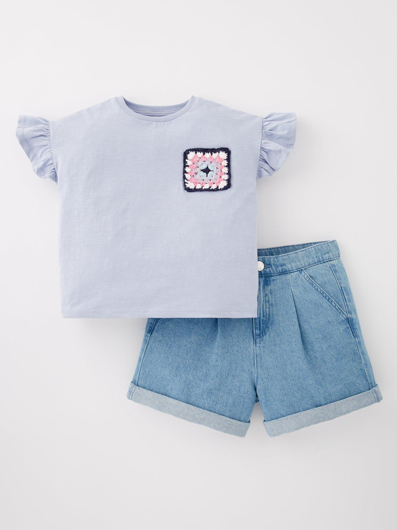 undefined Girls Frill Sleeve T-Shirt With Crochet Pocket and Denim Short Set - Blue