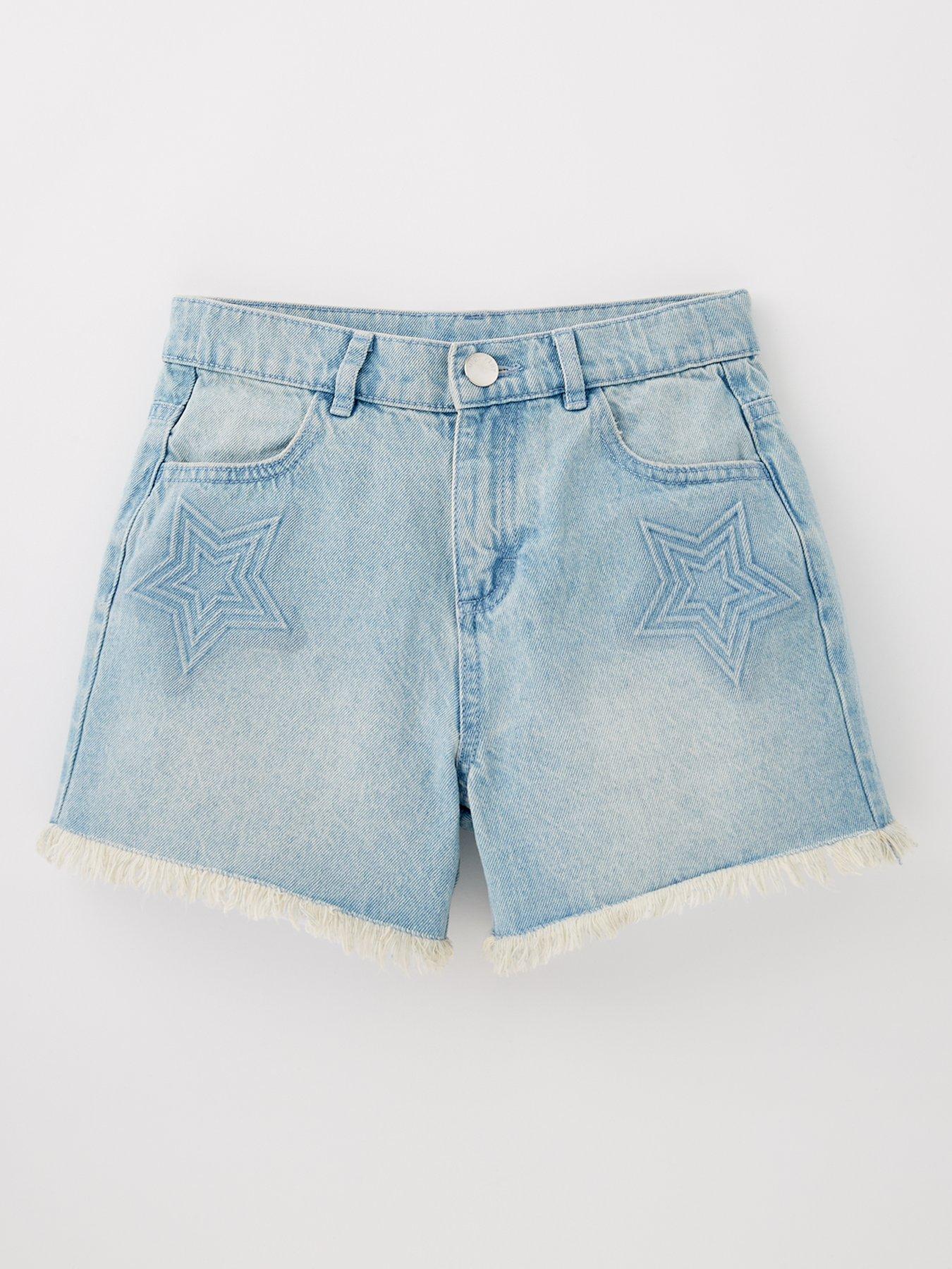 undefined Girls Star Embossed Denim Shorts - Blue
