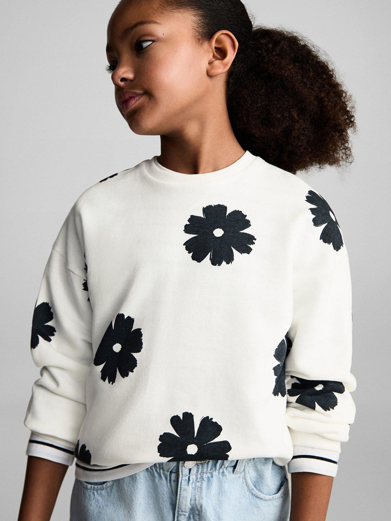 undefined Girls Flower Printed Sweatshirt- Light Cream