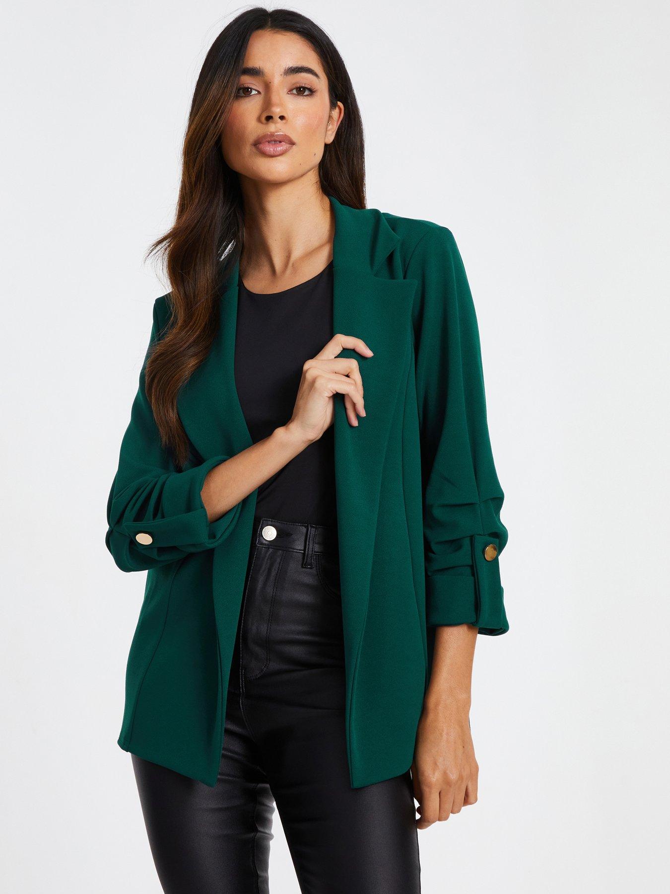 undefined Bottle Green Ruched Sleeve Blazer
