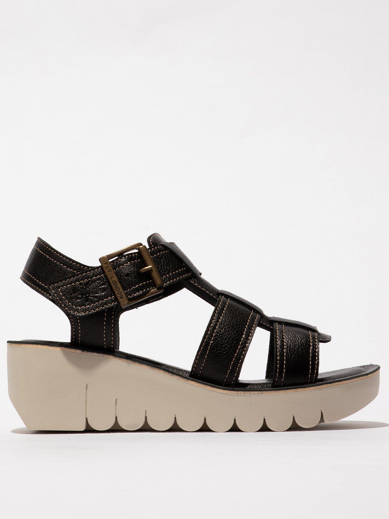 Fly London Yudd Leather Wedge Sandal - Black