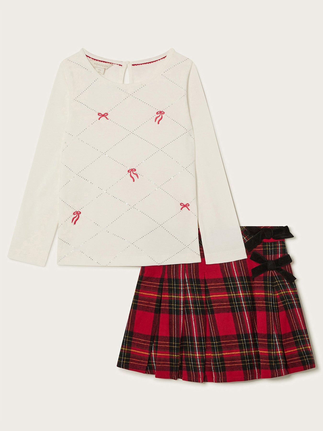 Monsoon Girls Long Sleeve Bow Top And Tartan Skirt Christmas Set Red Very