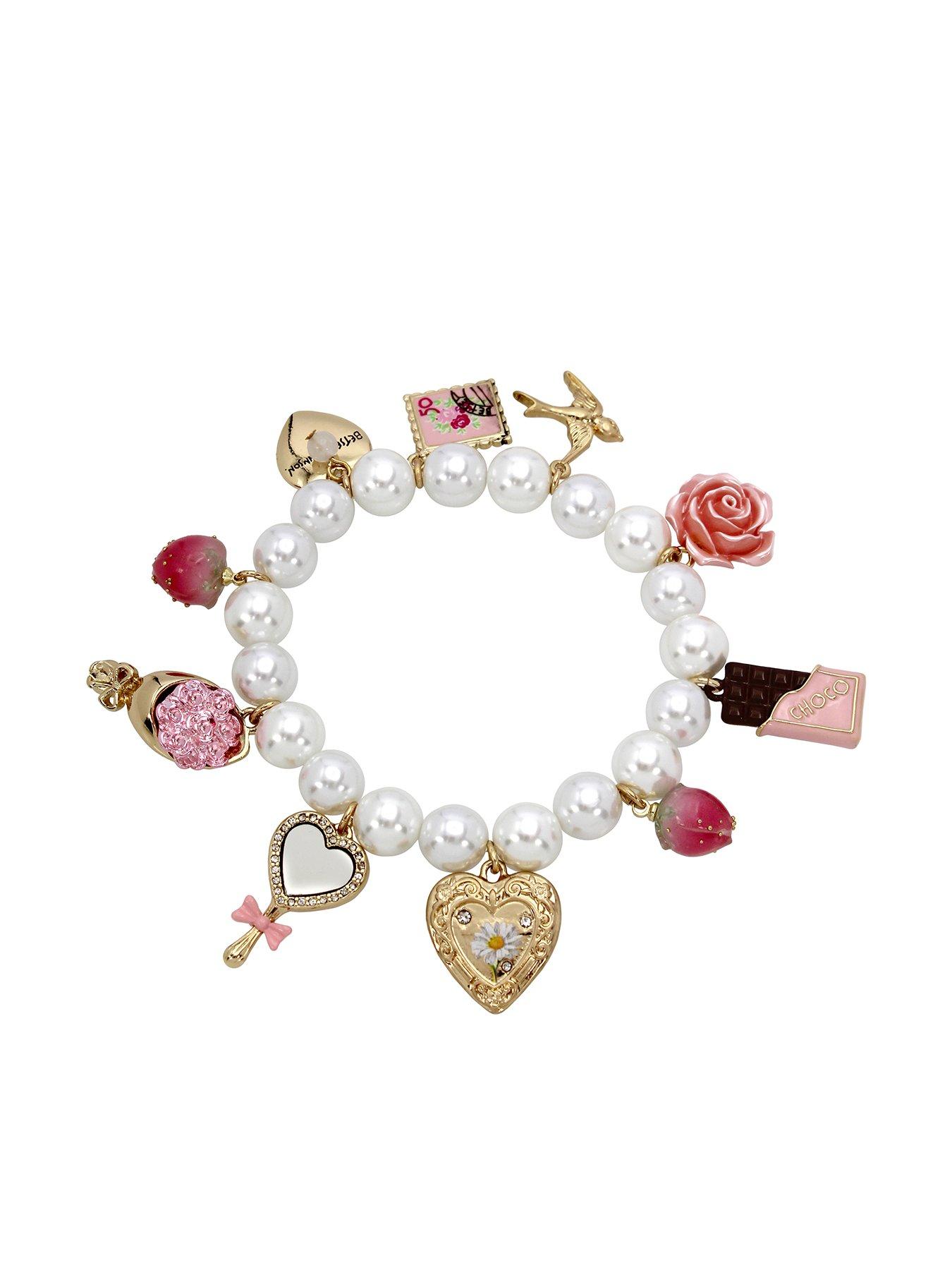 Image 1 of 3 of Betsey Johnson Sweetheart Charm Pearl Stretch Bracelet
