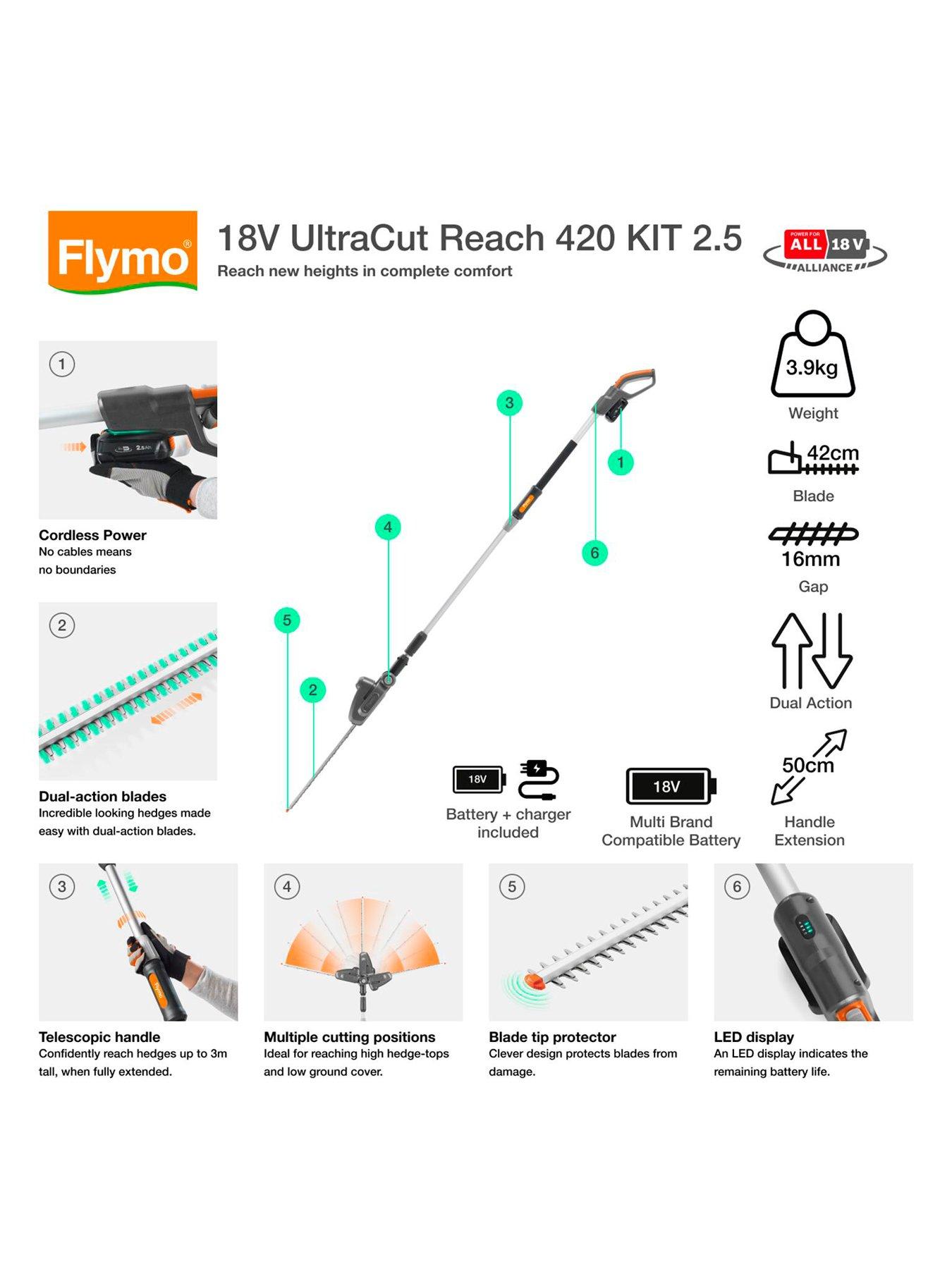 Image 2 of 7 of Flymo 18V UltraCut Reach 420 Cordless Hedge Trimmer