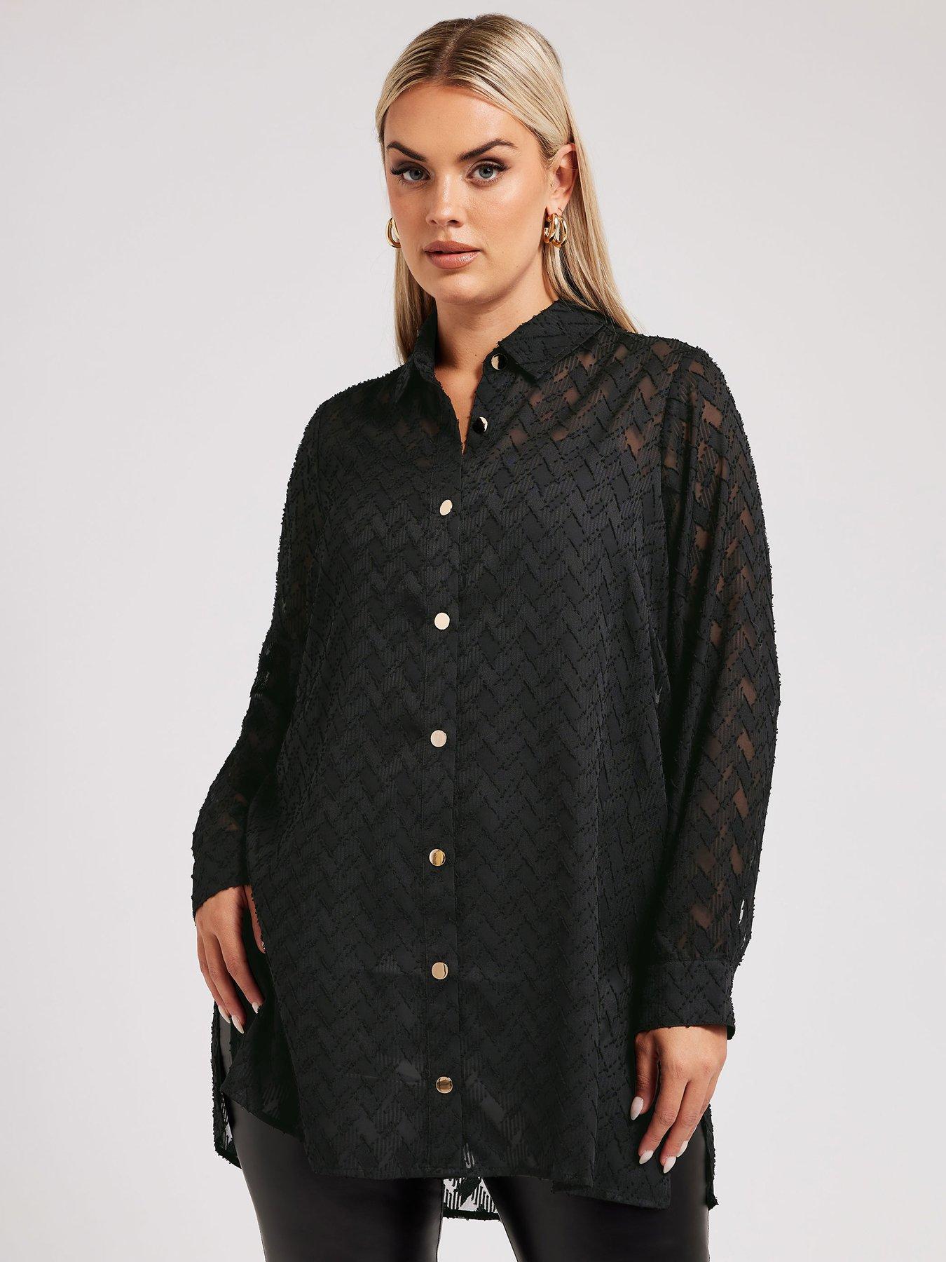 Image 1 of 4 of Yours Curve Textured Long Line Shirt - Black