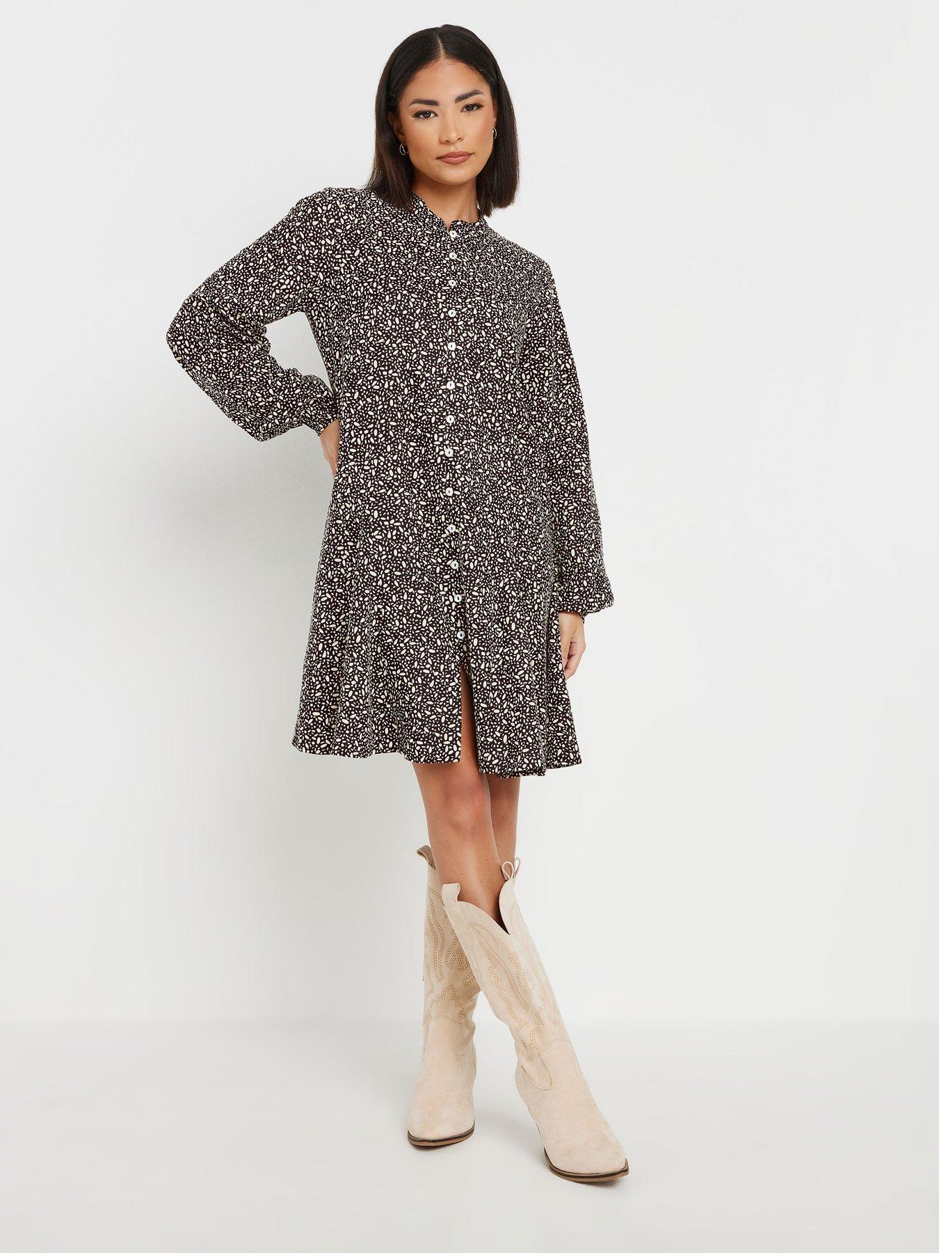 undefined Petite Geometric Button Front Smock Mini Dress - Black