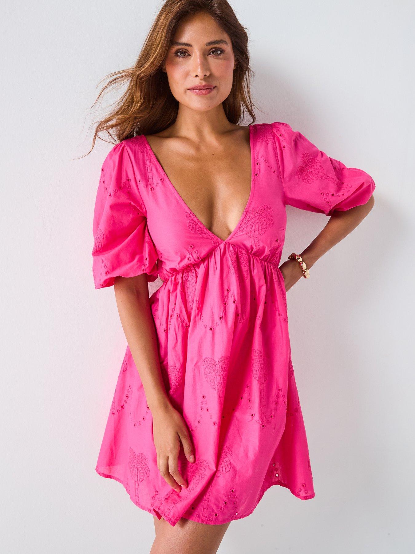 Image 4 of 5 of V by Very Puff Sleeve Broderie Dress - Pink