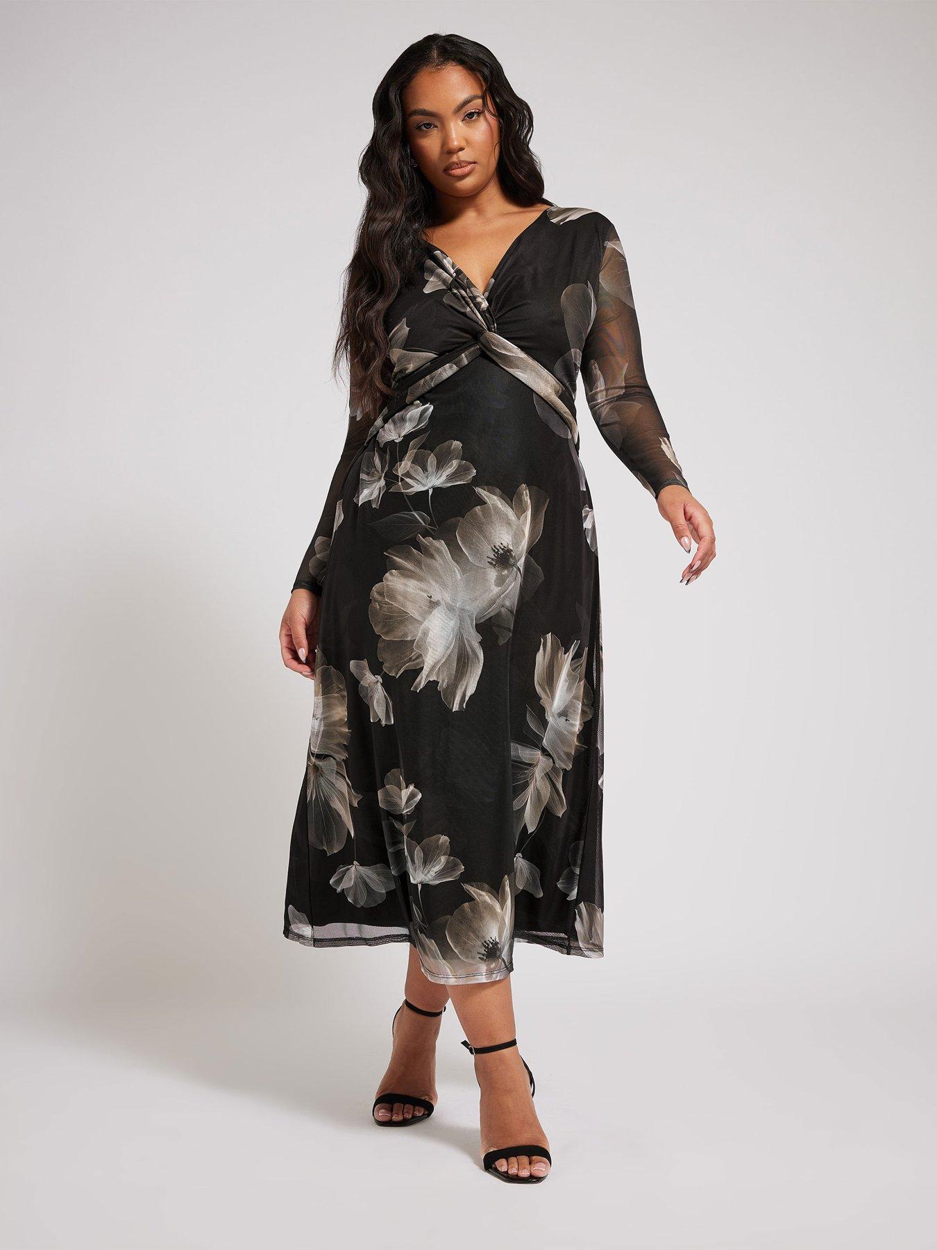 undefined Curve Twist Front Mesh Maxi Dress - Black