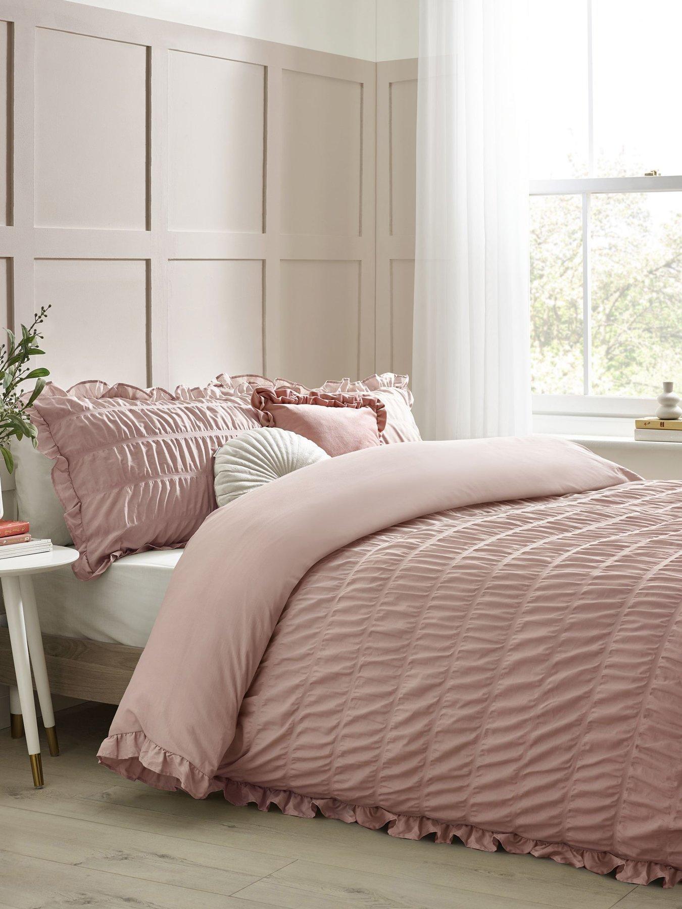 Image 1 of 5 of Catherine Lansfield Seersucker Frill Duvet Cover Set - Pink