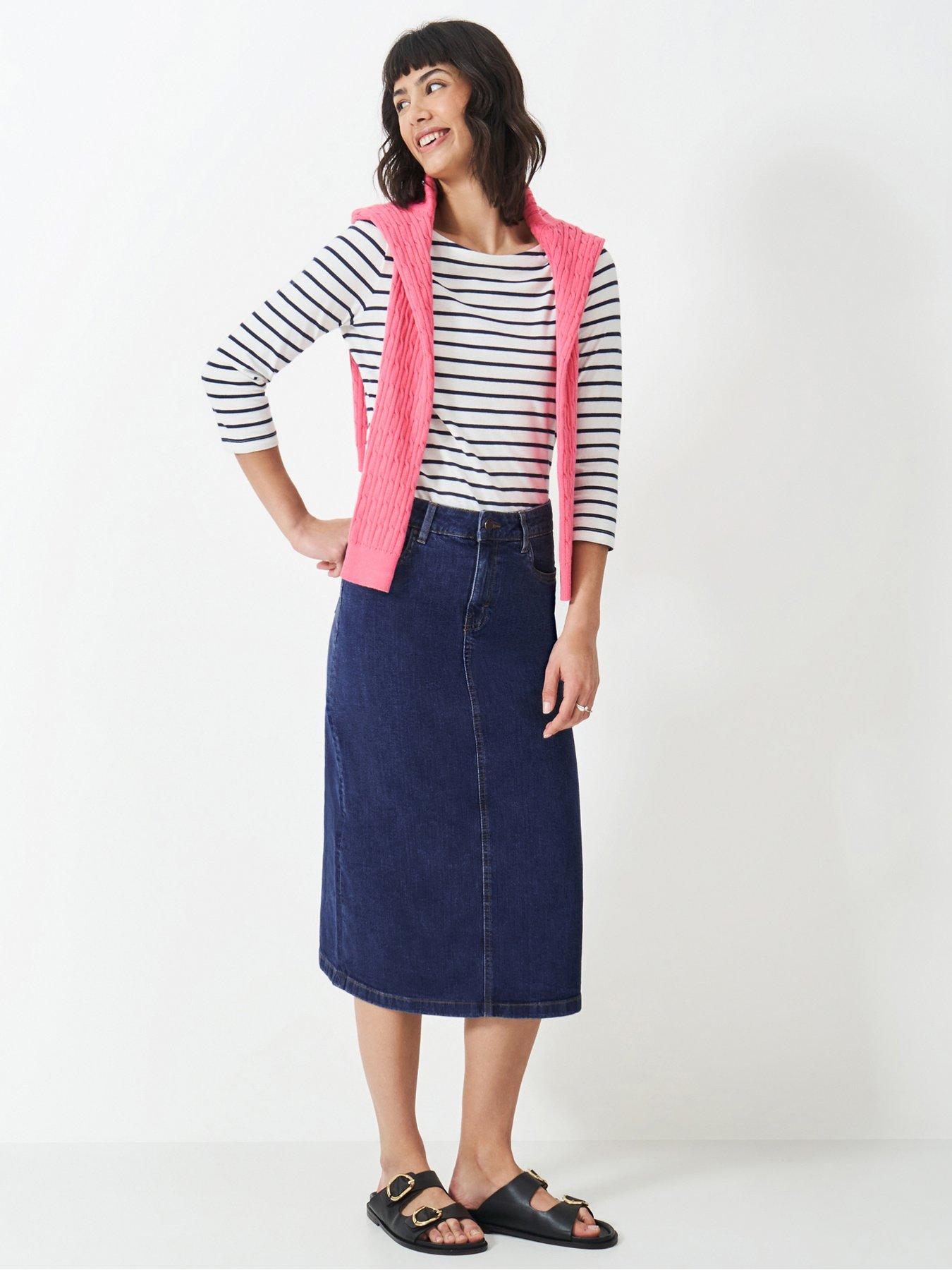 Image 1 of 5 of Crew Clothing Mia Midi Denim Skirt - Blue