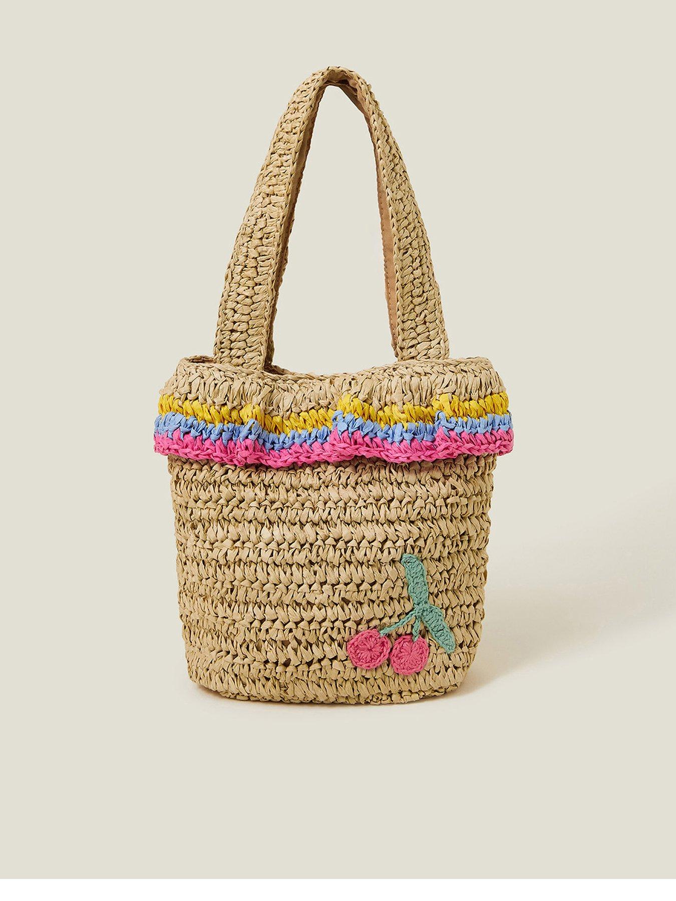 undefined Girls Straw Embroidered Cherry Bag - Beige