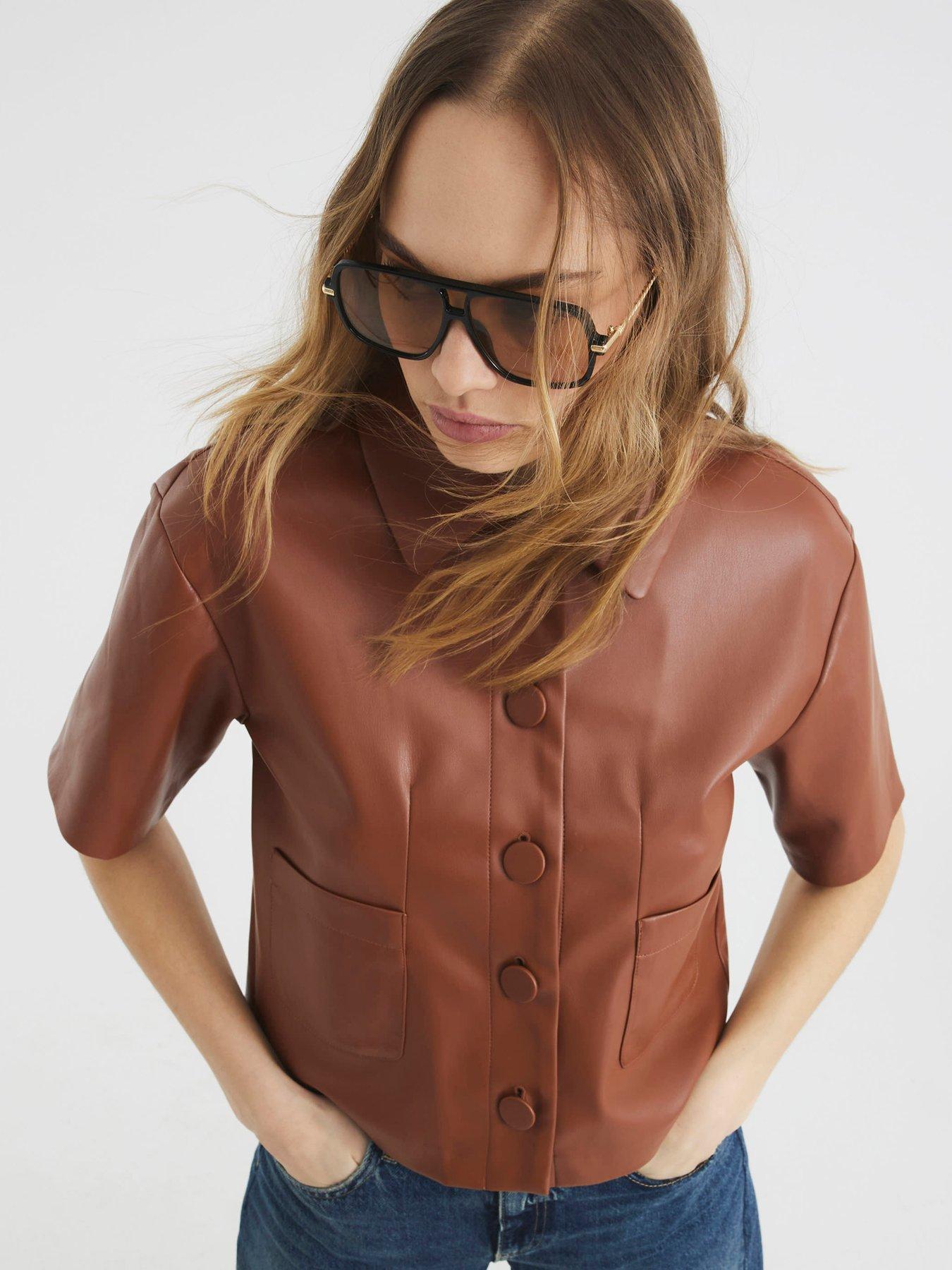 undefined Faux Leather Short Sleeve Shirt - Brown