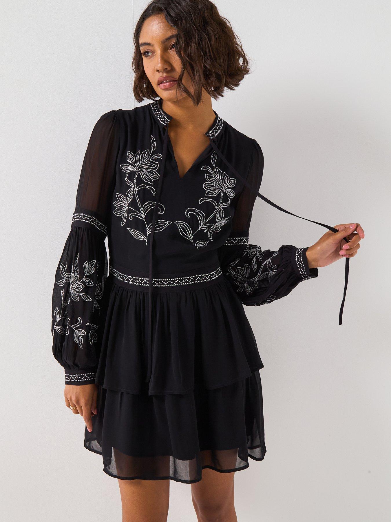undefined Embroidered Tie Neck Mini Dress - Black