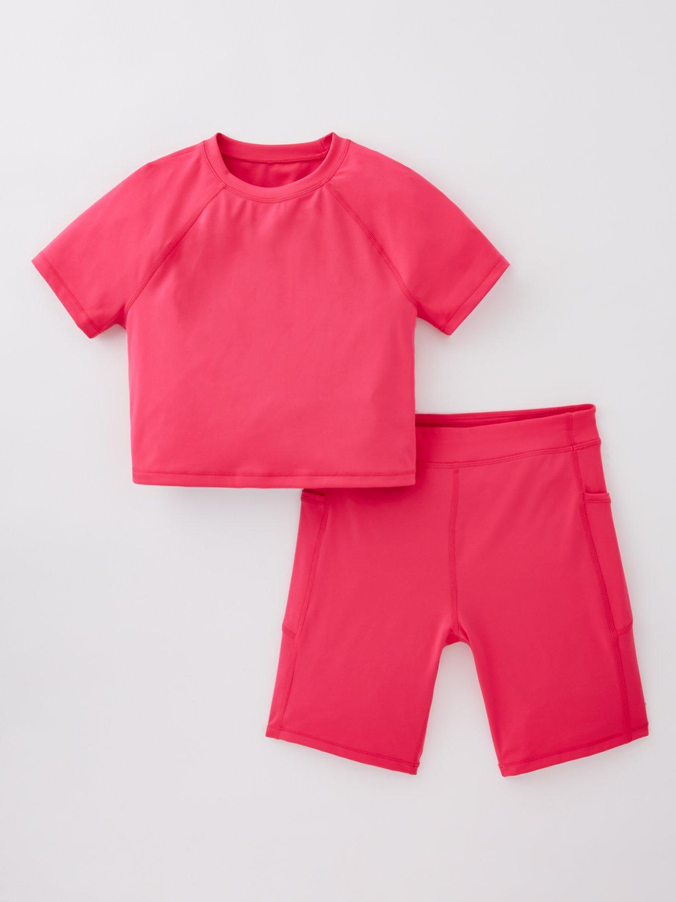 Image 1 of 4 of V by Very Girls Short Sleeve And Cycling Short Activewear Set - Pink