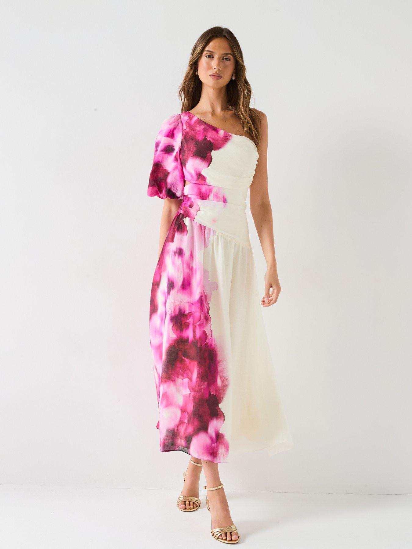 undefined One Shoulder Cut Out Printed Midi Dress - Print