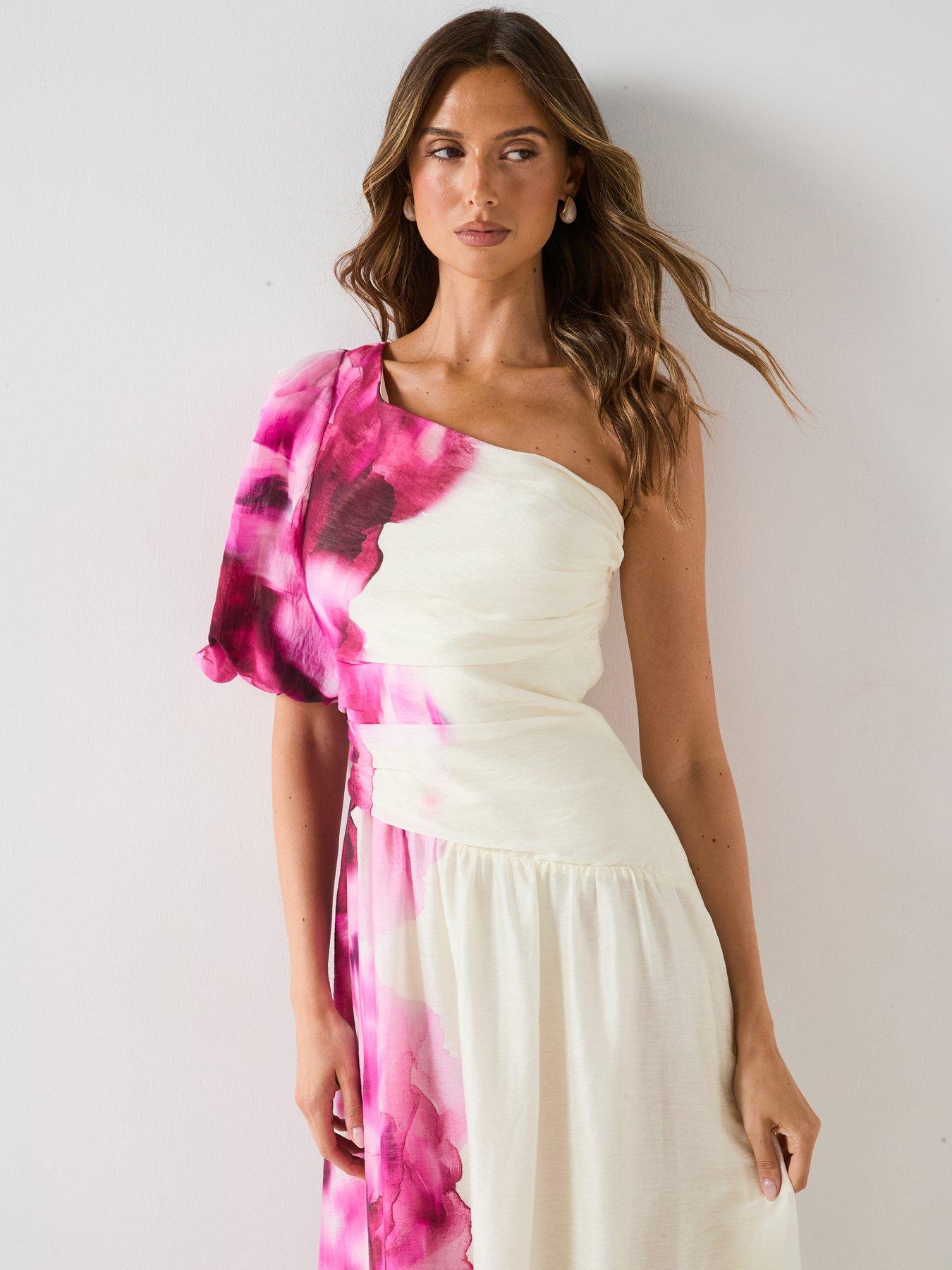 undefined One Shoulder Cut Out Printed Midi Dress