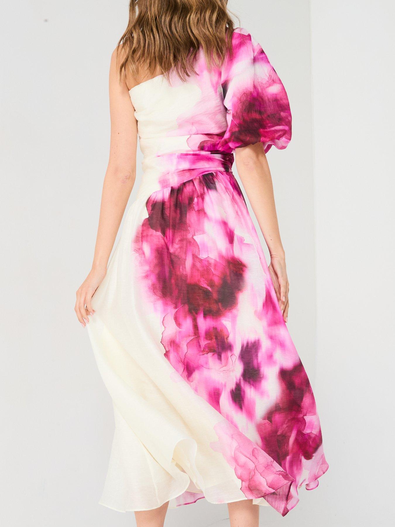 Image 2 of 6 of V by Very One Shoulder Cut Out Printed Midi Dress
