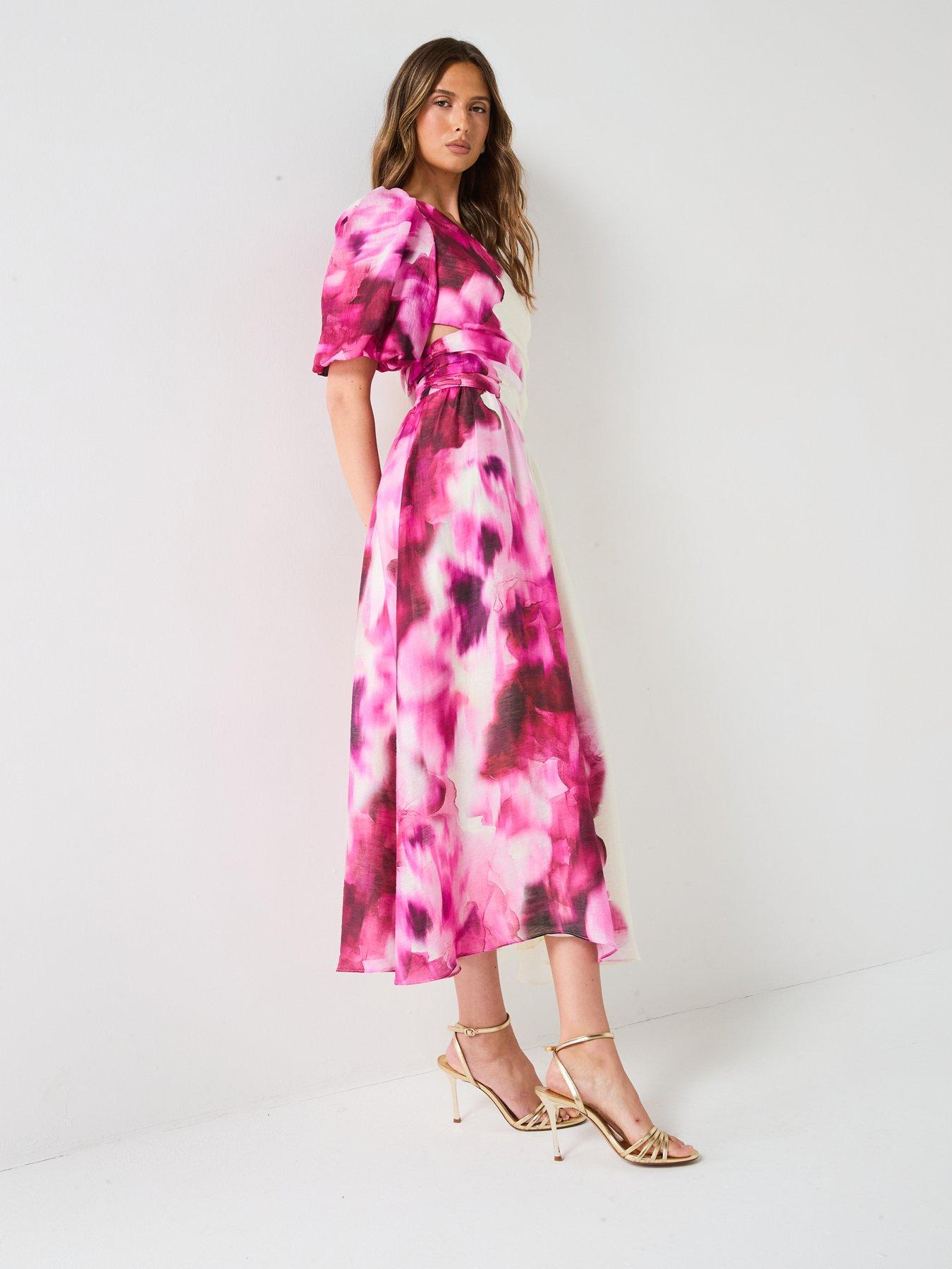 Image 3 of 6 of V by Very One Shoulder Cut Out Printed Midi Dress
