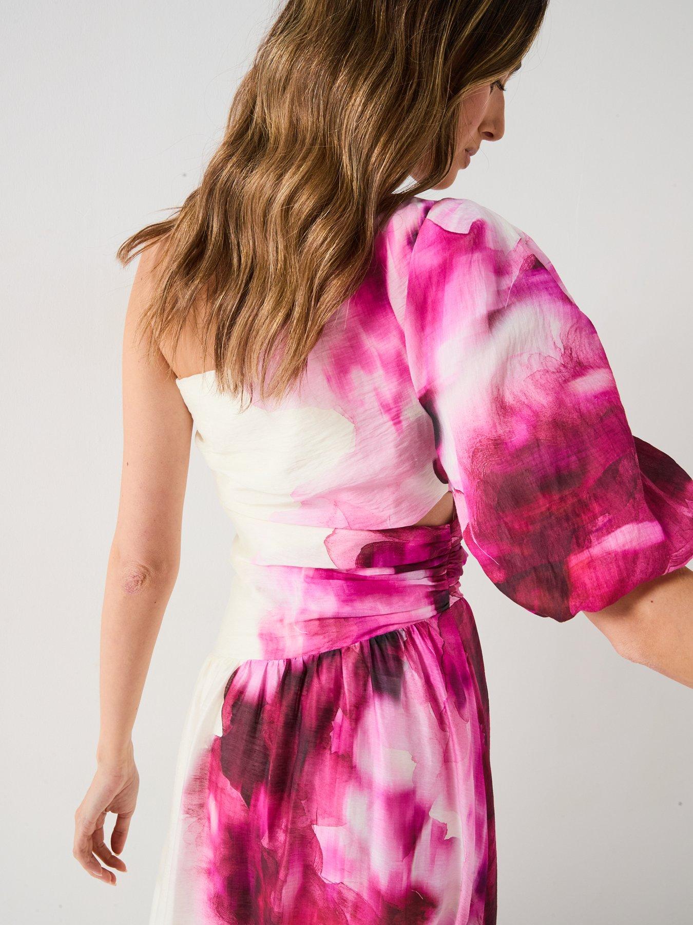 Image 4 of 6 of V by Very One Shoulder Cut Out Printed Midi Dress