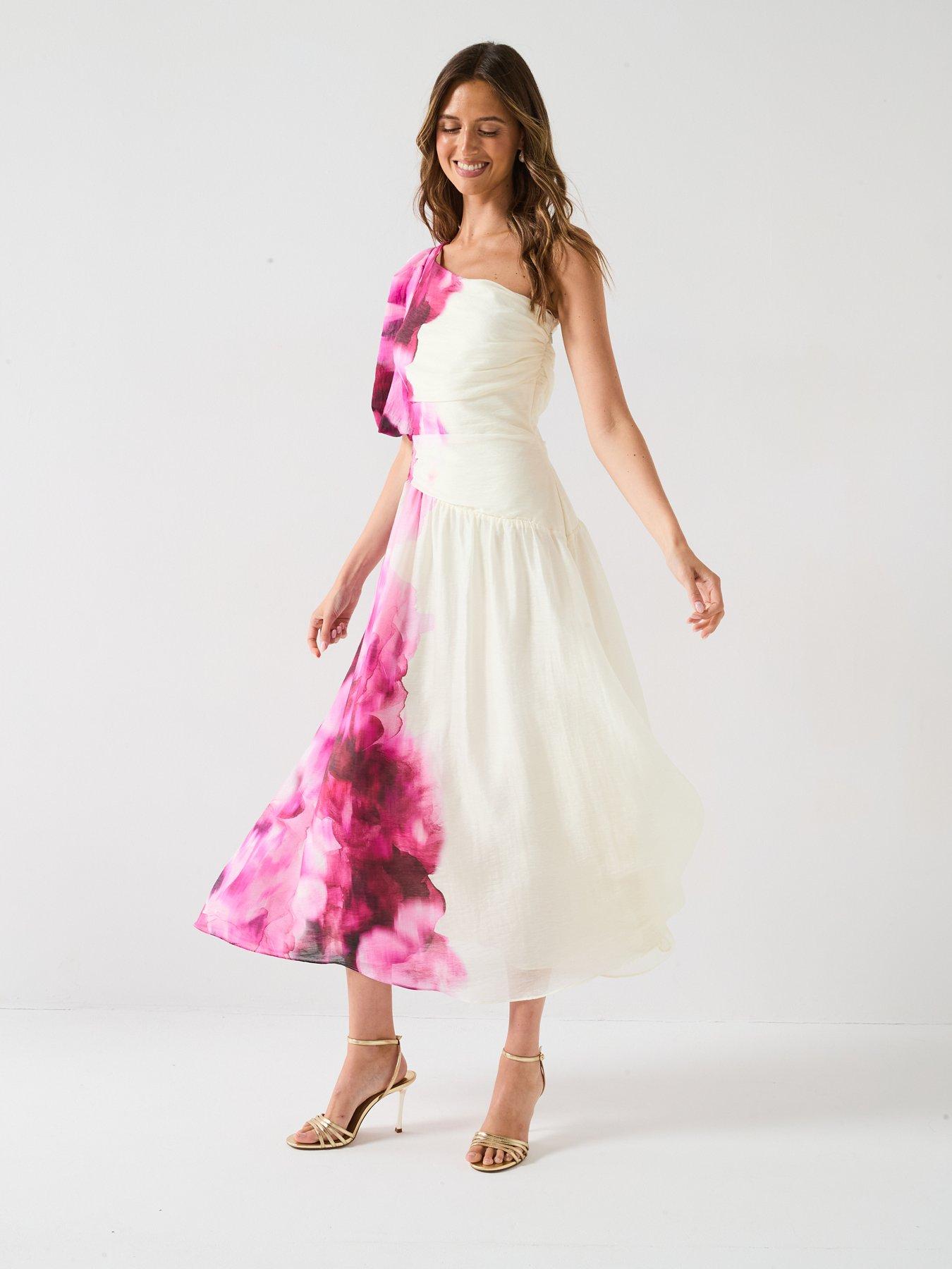 Image 5 of 6 of V by Very One Shoulder Cut Out Printed Midi Dress