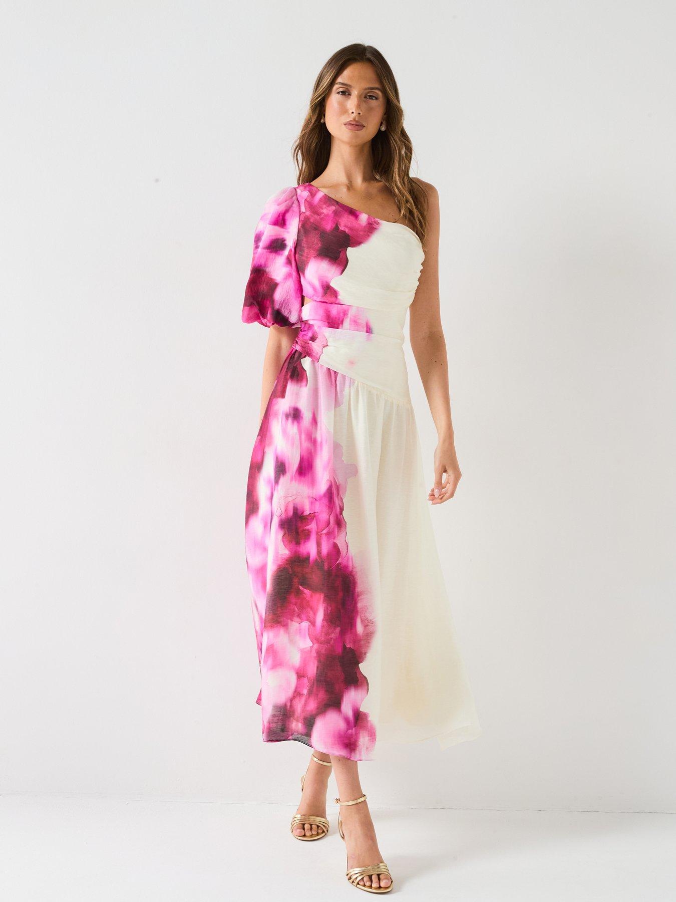 Image 6 of 6 of V by Very One Shoulder Cut Out Printed Midi Dress