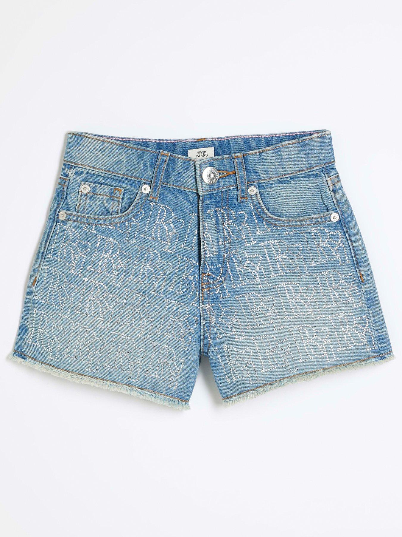 undefined Girls Denim Ri Embellished Shorts - Mid Wash Blue