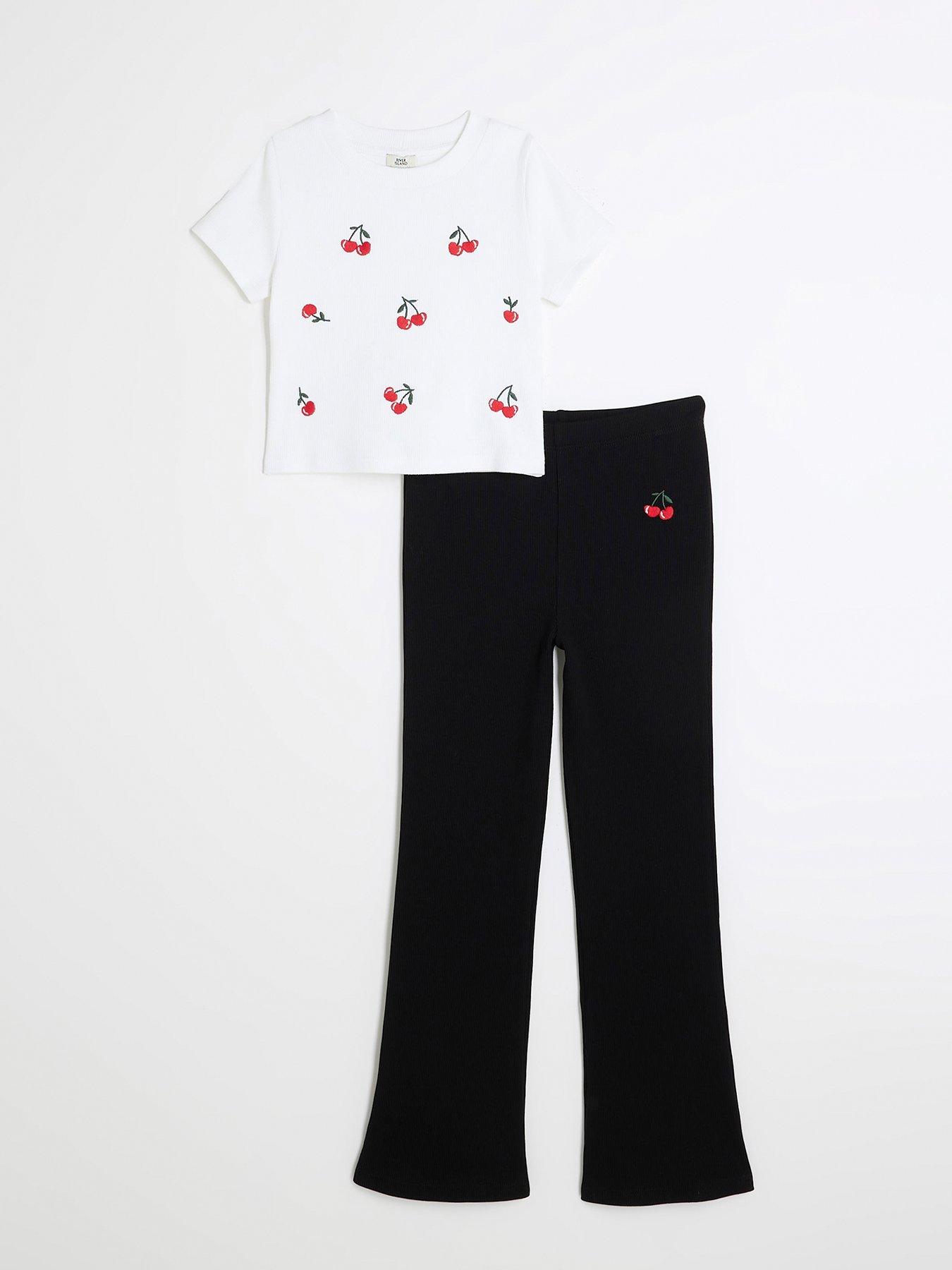 undefined Girls Cherry Top  &  Flared Leggings Set - Black
