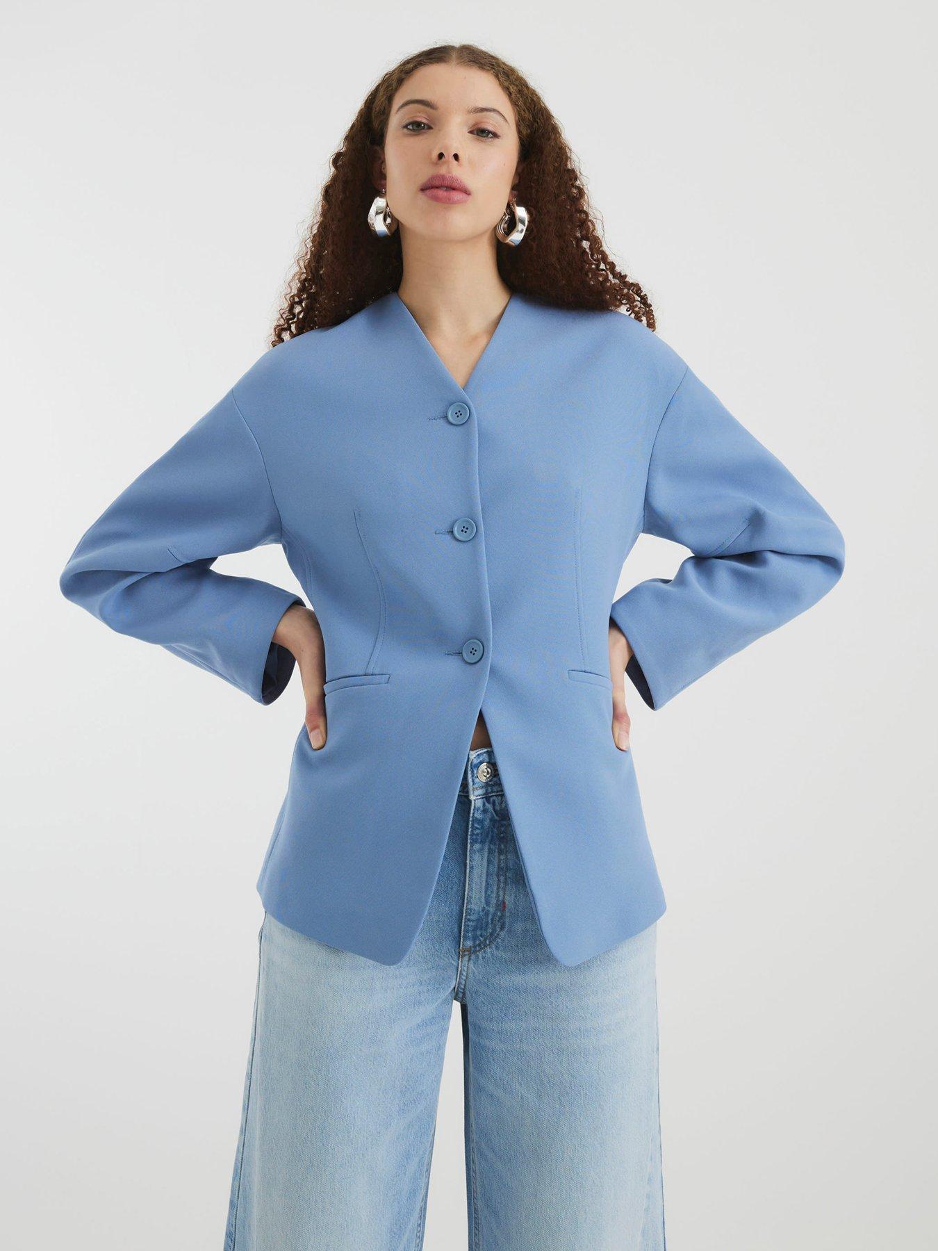 undefined Puff Sleeve Tailored Blazer - Light Blue