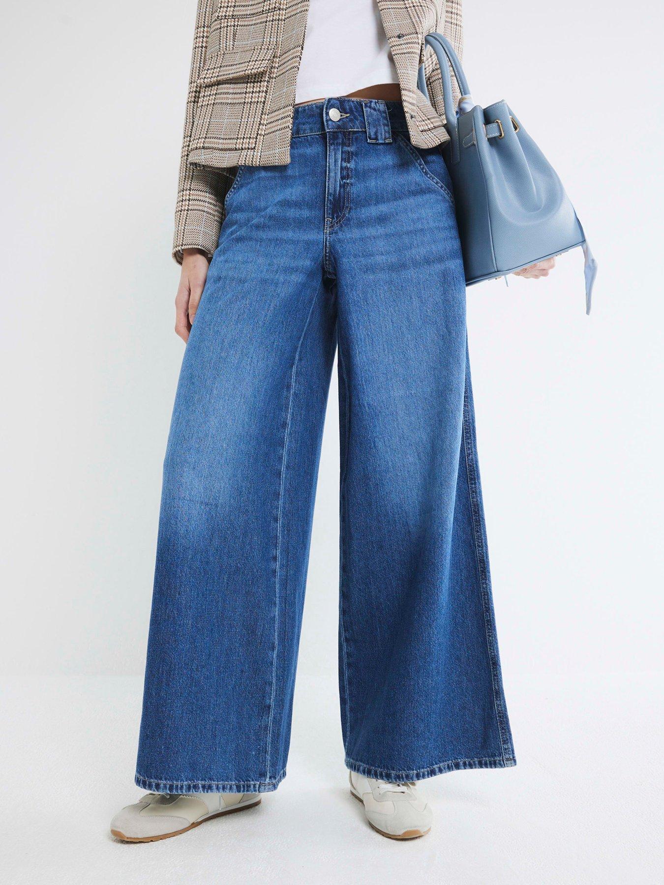Image 1 of 6 of River Island Wide Leg Palazzo Trouser - Medium Denim