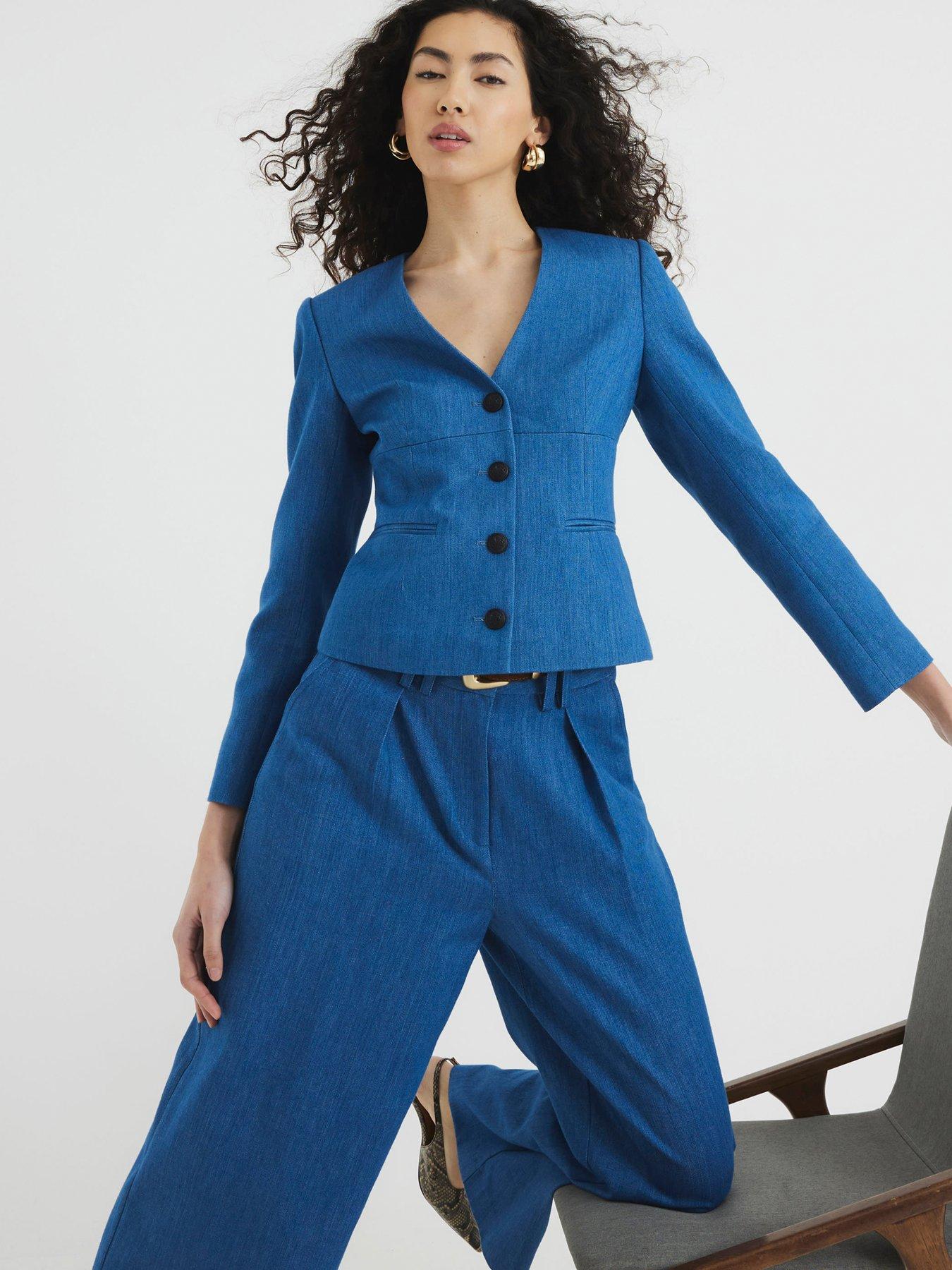 undefined V Neck Denim Blazer - Denim - Blue