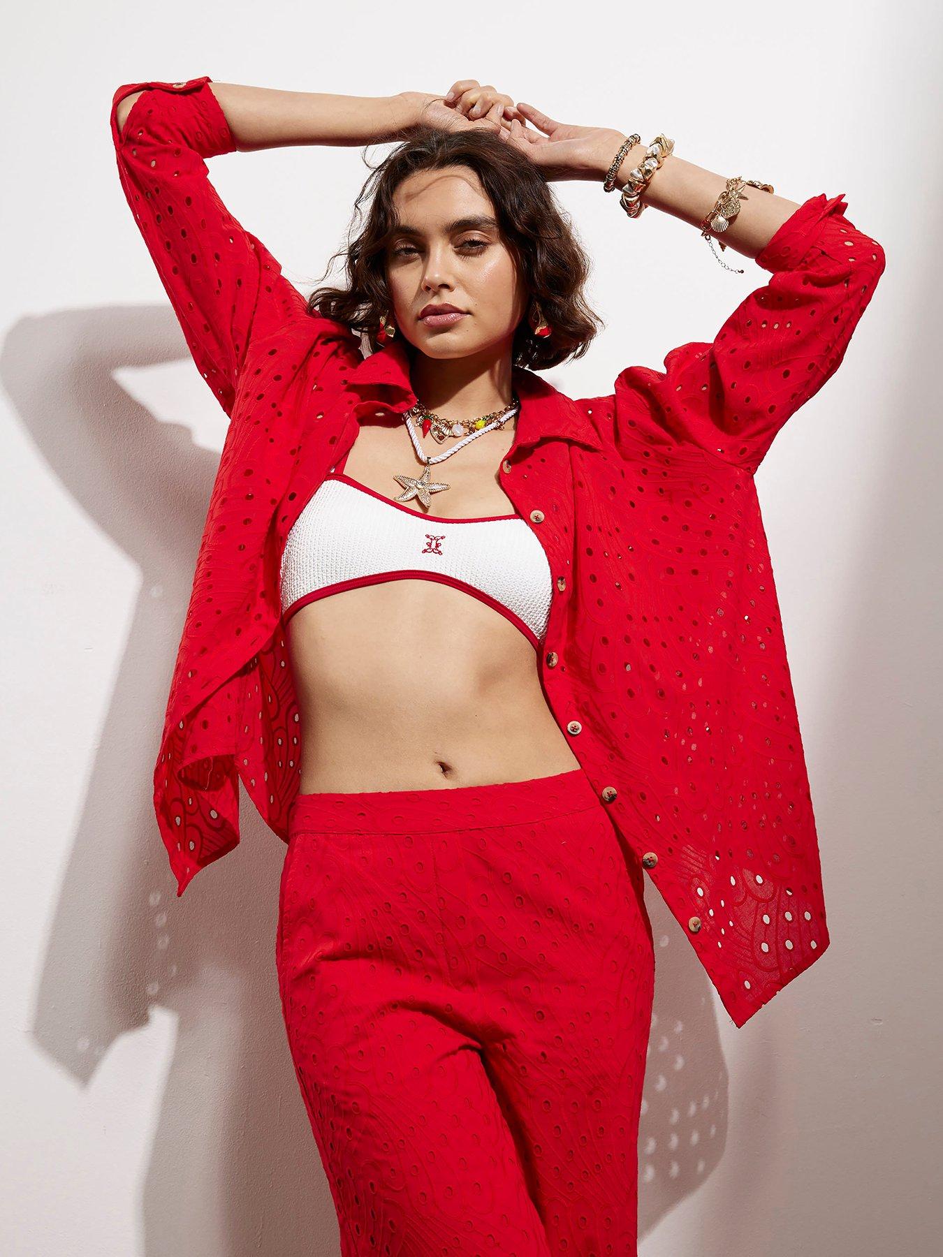 undefined Oversized Broderie Shirt - Red