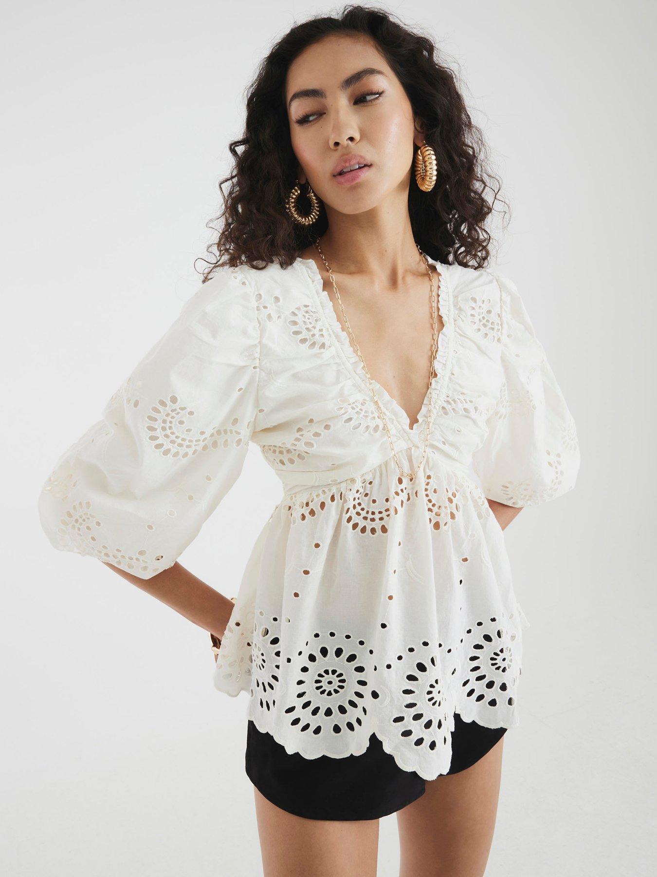 undefined Mid Sleeve Broderie Blouse - Cream