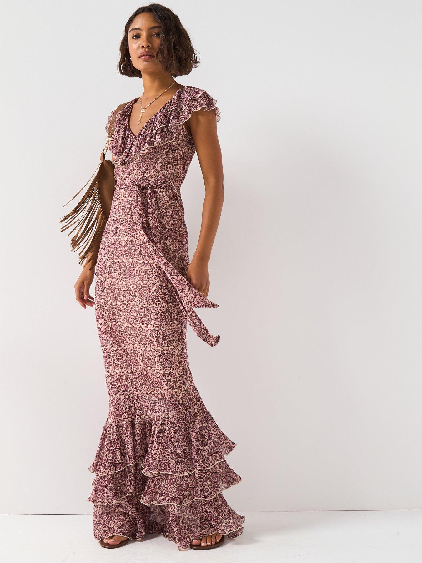 Image 1 of 6 of V by Very Paisley Printed Ruffled Belted Maxi Dress - Print