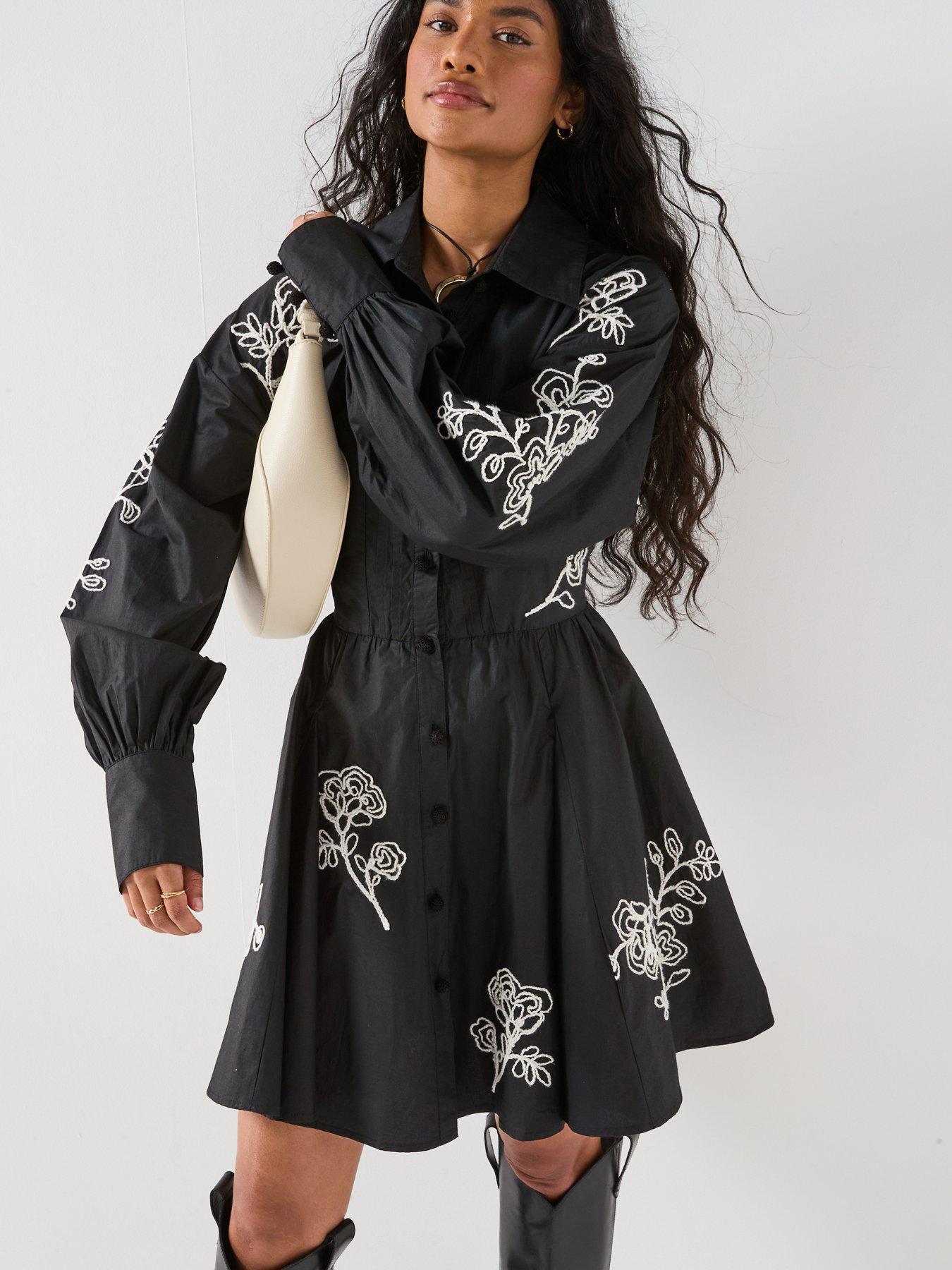 undefined Contrast Embroidered Mini Shirt Dress - Black