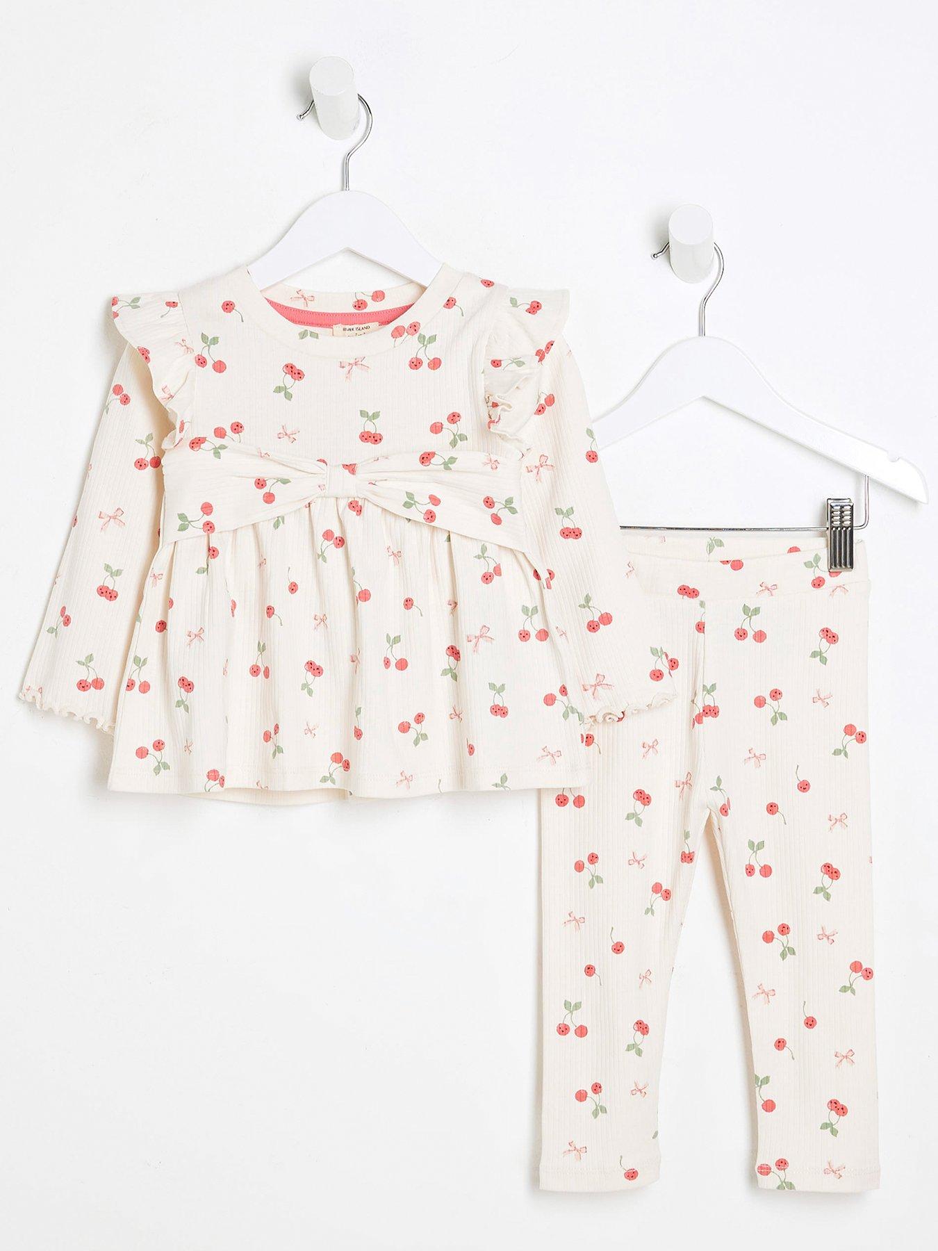 undefined Mini Girls Cherry Peplum Bow Top Set - Cream