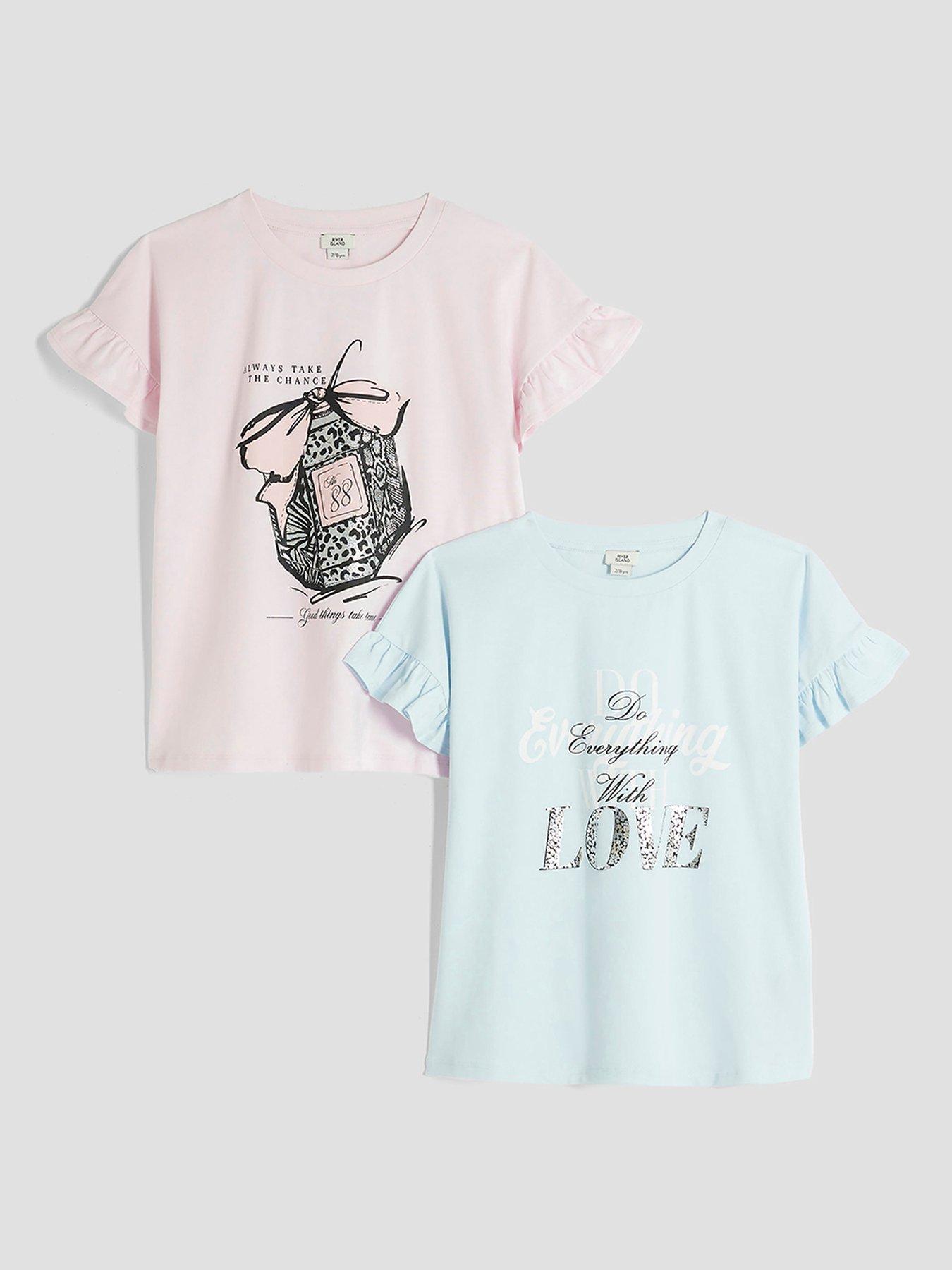 undefined Older Girl Pack Of 2 Frill T-Shirt - Blue/Pink