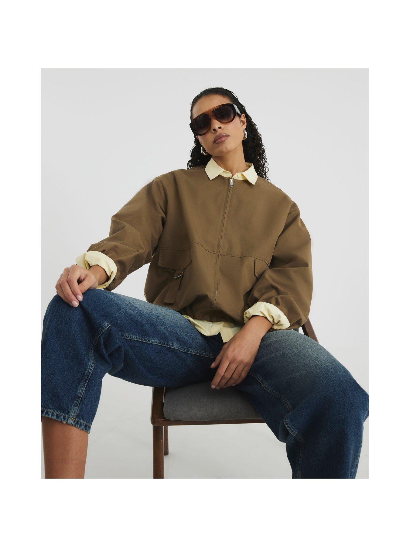 Image 4 of 5 of River Island Utility Collarless Bomber Jacket - Beige