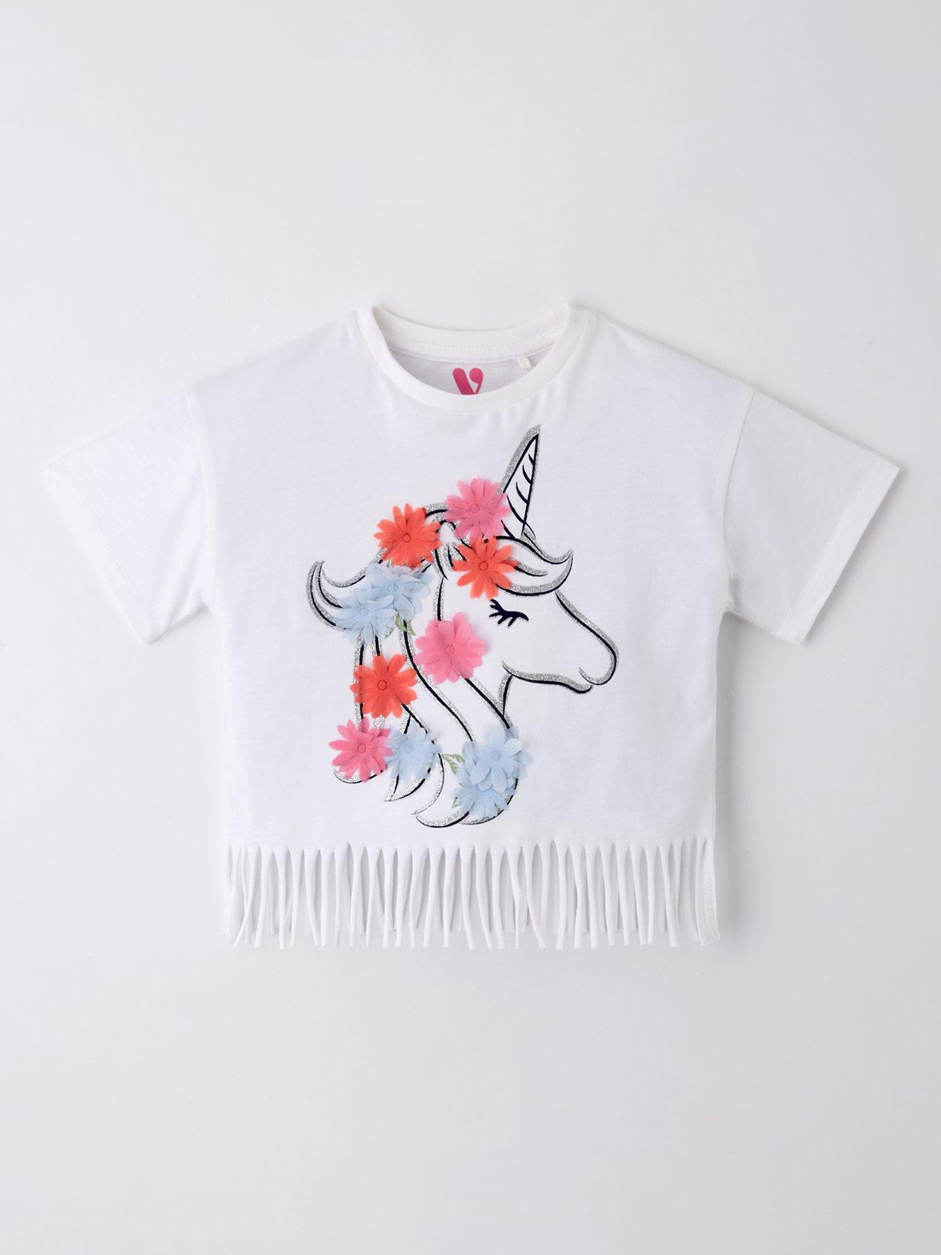 undefined Girls Unicorn 3D Embellished Fringed T-Shirt - Multi