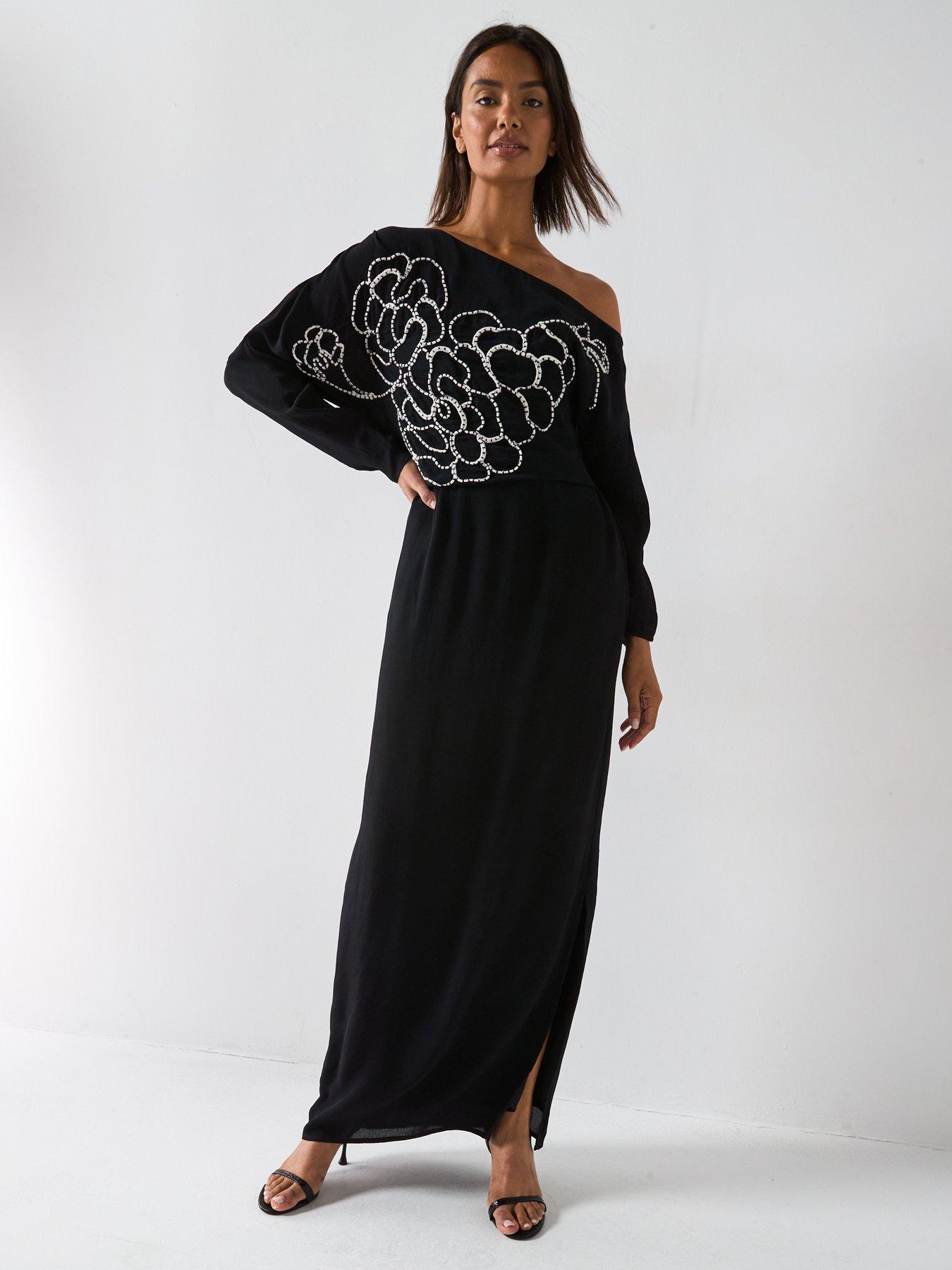 undefined One Shoulder Drape Midi Dress - Black
