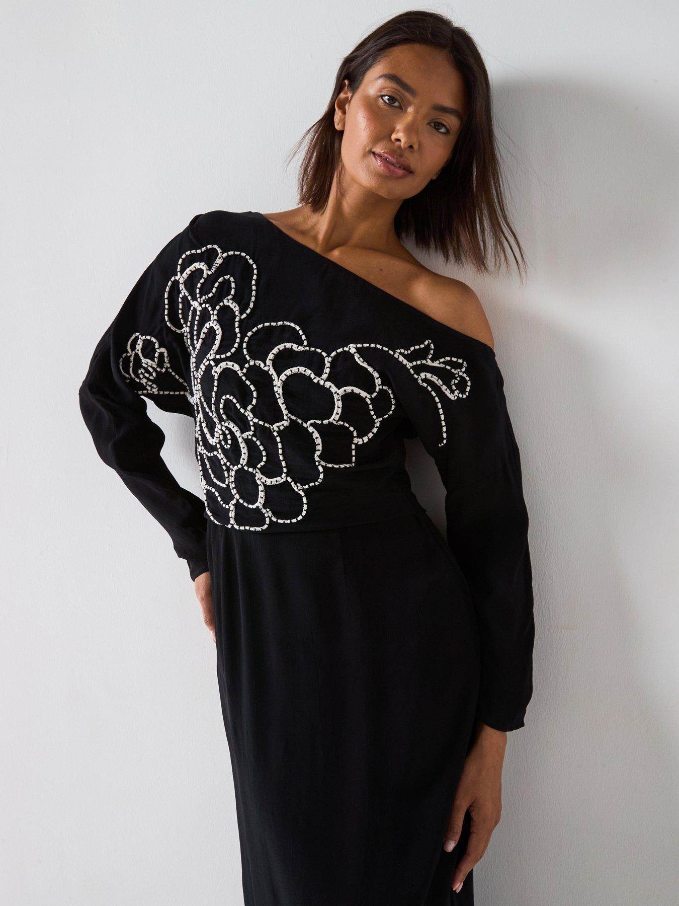 Image 3 of 6 of V by Very One Shoulder Drape Midi Dress - Black